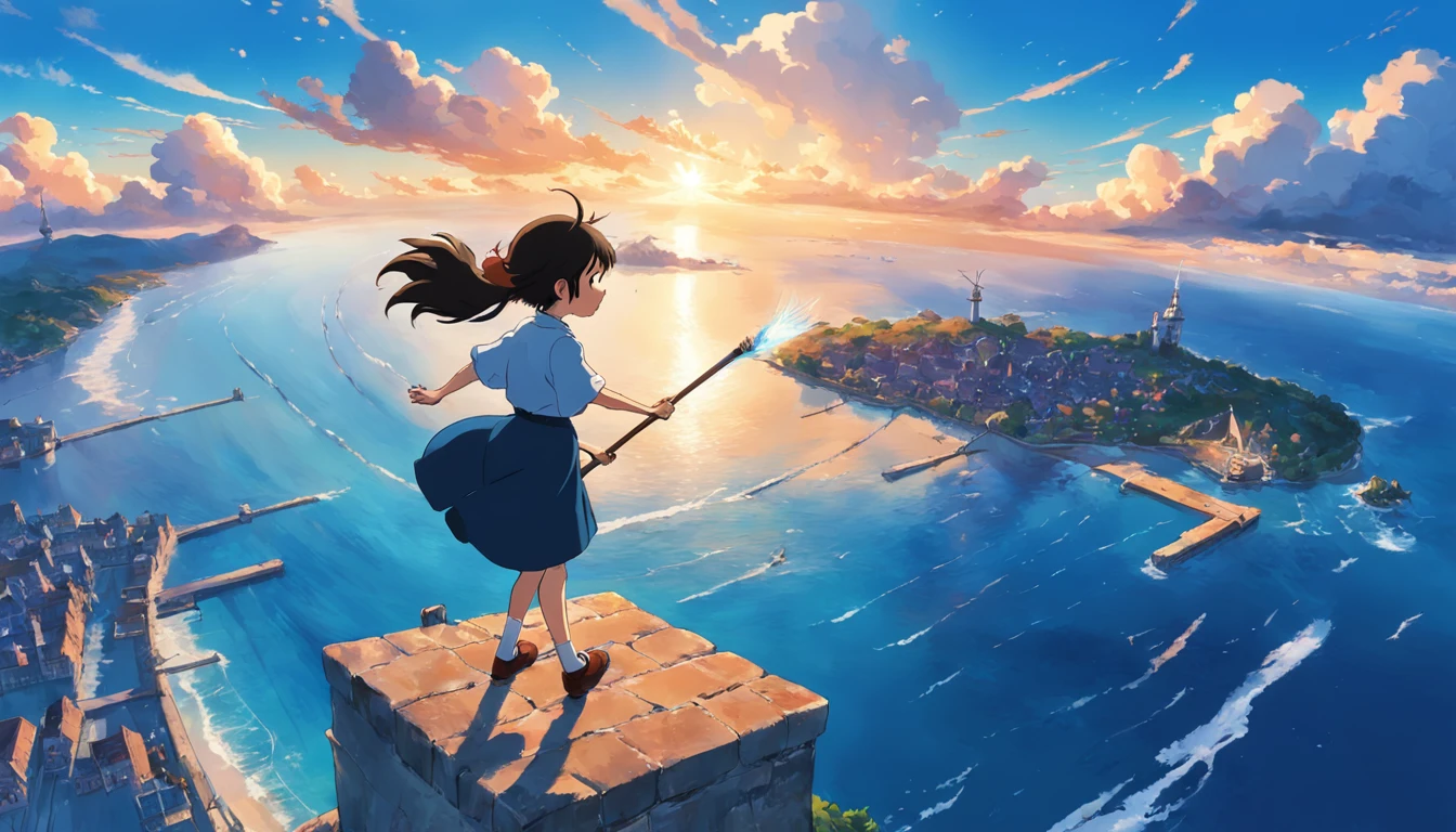 masutepiece, Bird View, Best Quality, Movie Still, One girl on a flying broom, Seagull, Below is the blue sea and the island, kikis delivery service, miyazaki's animated film, Ghibli Anime, Clouds in the sky, Blue sky, Bright, Warm and soft lighting, Sunrise, (sparks:0.7), ultra wide-angle, 8K, Super Detail, ccurate, Best Quality