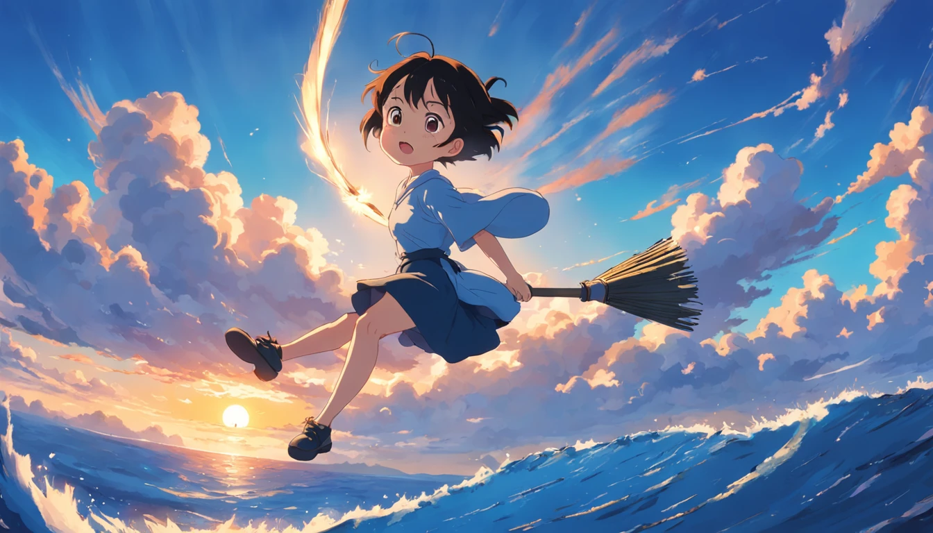 masutepiece, Bird View, Best Quality, Movie Still, One girl on a flying broom, Seagull, Below is the blue sea and the island, kikis delivery service, miyazaki's animated film, Ghibli Anime, Clouds in the sky, Blue sky, Bright, Warm and soft lighting, Sunrise, (sparks:0.7), ultra wide-angle, 8K, Super Detail, ccurate, Best Quality