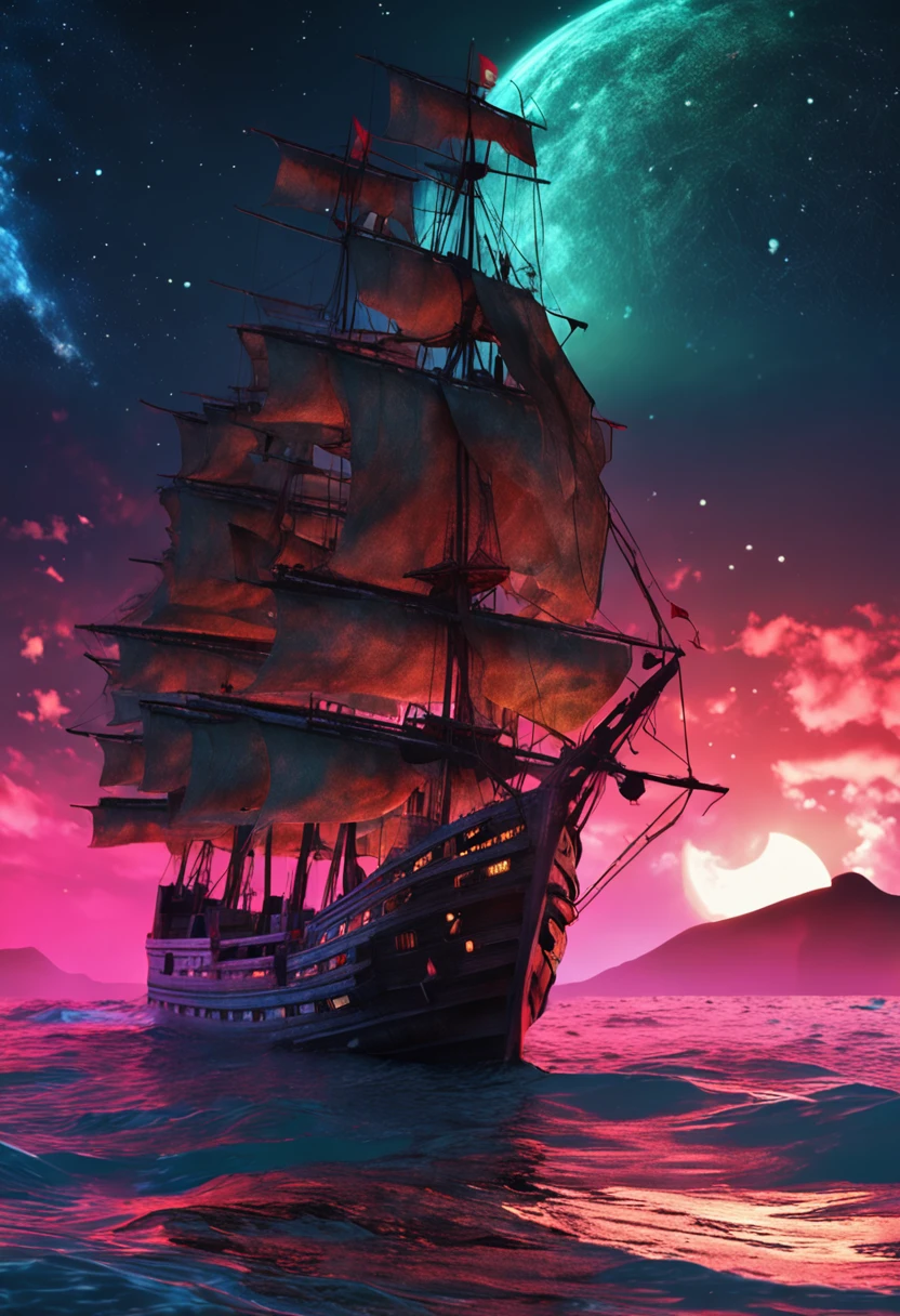 Extremely detailed 8k wallpaper,(Highly detailed:1.1), ((Masterpiece:1.1)),[anime big breast:impasto:0.5], Intricate , fantasy,(1 boat),(Ocean:1.2),[Cruise:Cruise with (Green fire:1.2):0.1], Clear sky ,Wind ,Beautiful sky,(nightsky),(milky ways), (Huge blood moon in the background:1.05),