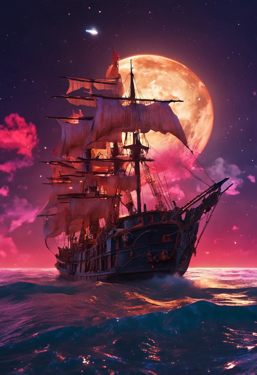 Extremely detailed 8k wallpaper,(Highly detailed:1.1), ((Masterpiece:1.1)),[anime big breast:impasto:0.5], Intricate , fantasy,(1 boat),(Ocean:1.2),[Cruise:Cruise with (Green fire:1.2):0.1], Clear sky ,Wind ,Beautiful sky,(nightsky),(milky ways), (Huge blood moon in the background:1.05),
