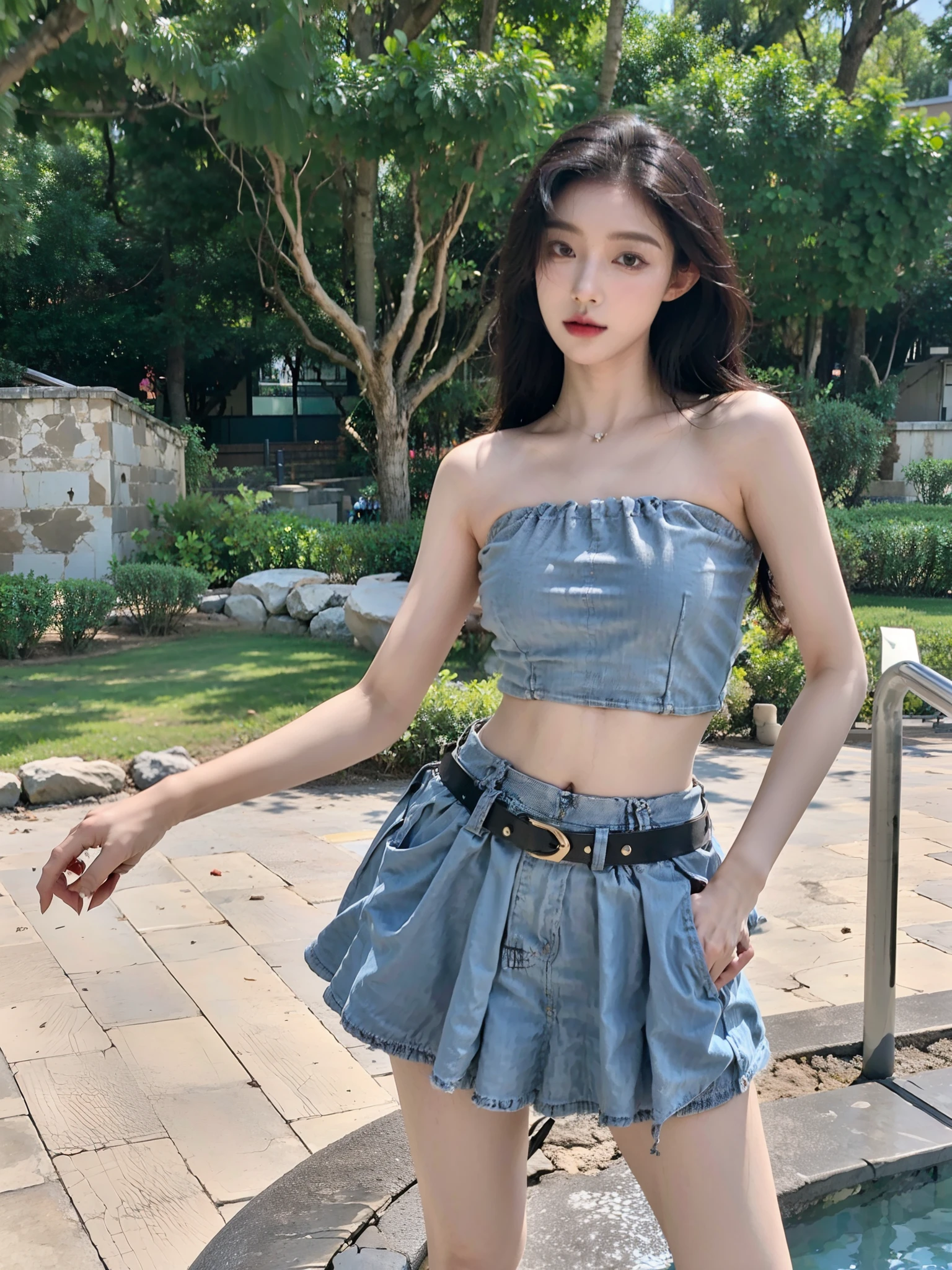 An Asian woman in a denim skirt poses by the pool., Dilraba Dilmurat, Wear a two-piece swimsuit, Wear a crop top and miniskirt, Bandeau dress, Waist Shot, V-neck dress, Popular content on cgstation, Wearing a sexy cropped top, shaxi, xintong chen, Sakimichan, Official, Home，（（（teeth）））