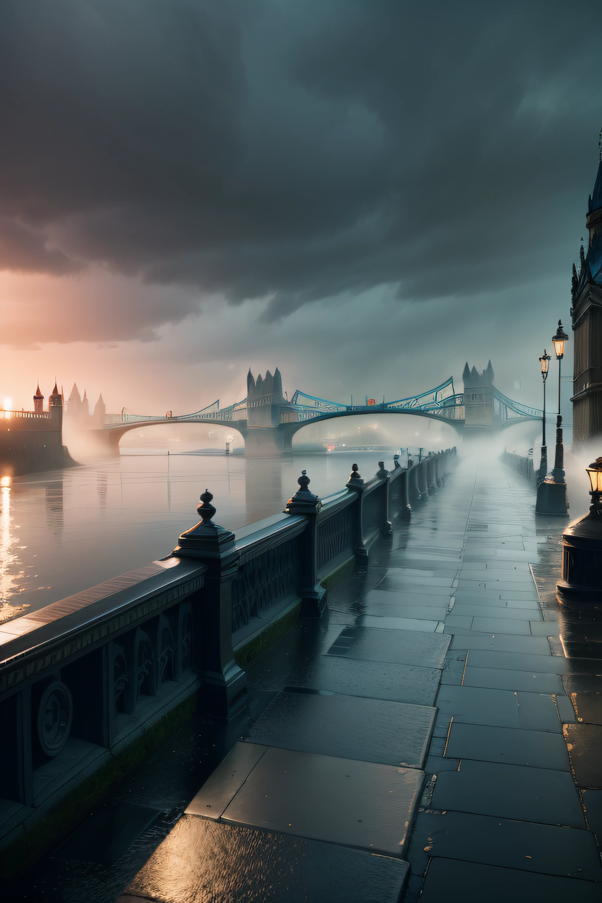 London Rain Fog Bridge shore