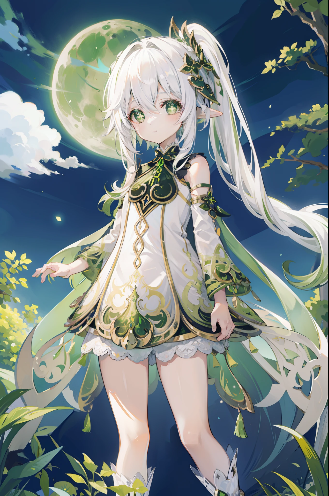 Nahida_Genshin,(White hair),cross-shaped pupils,default_dress,Green cape,simplebackground,themoon,The breath of life,green color,grassy fields,life