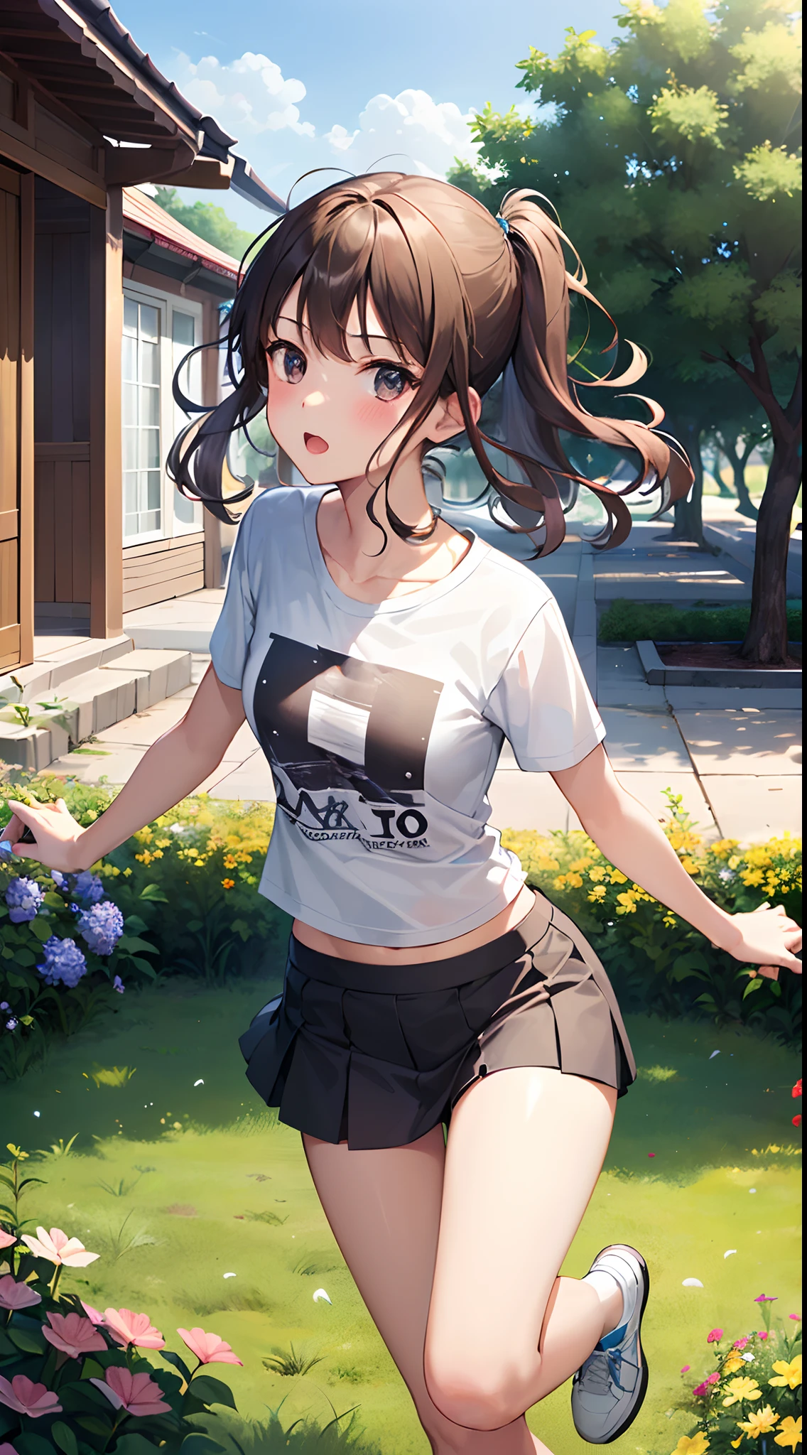 best quality,1girl,((loli,10歳:1.3)),small breasts,((ツリ目,orgasm,blush,sweat,steam:1.1)),yui kotegawa, (brown eyes:1.5),black hair, short hair, ((twintail:1.3)),((black skirt, plaid skirt, white t-shirt,short sleeves,lift skirt,upskirt,white panties,lace panties:1.3)),thighhighs,pussy juice,see through,garden,squatting,open legs