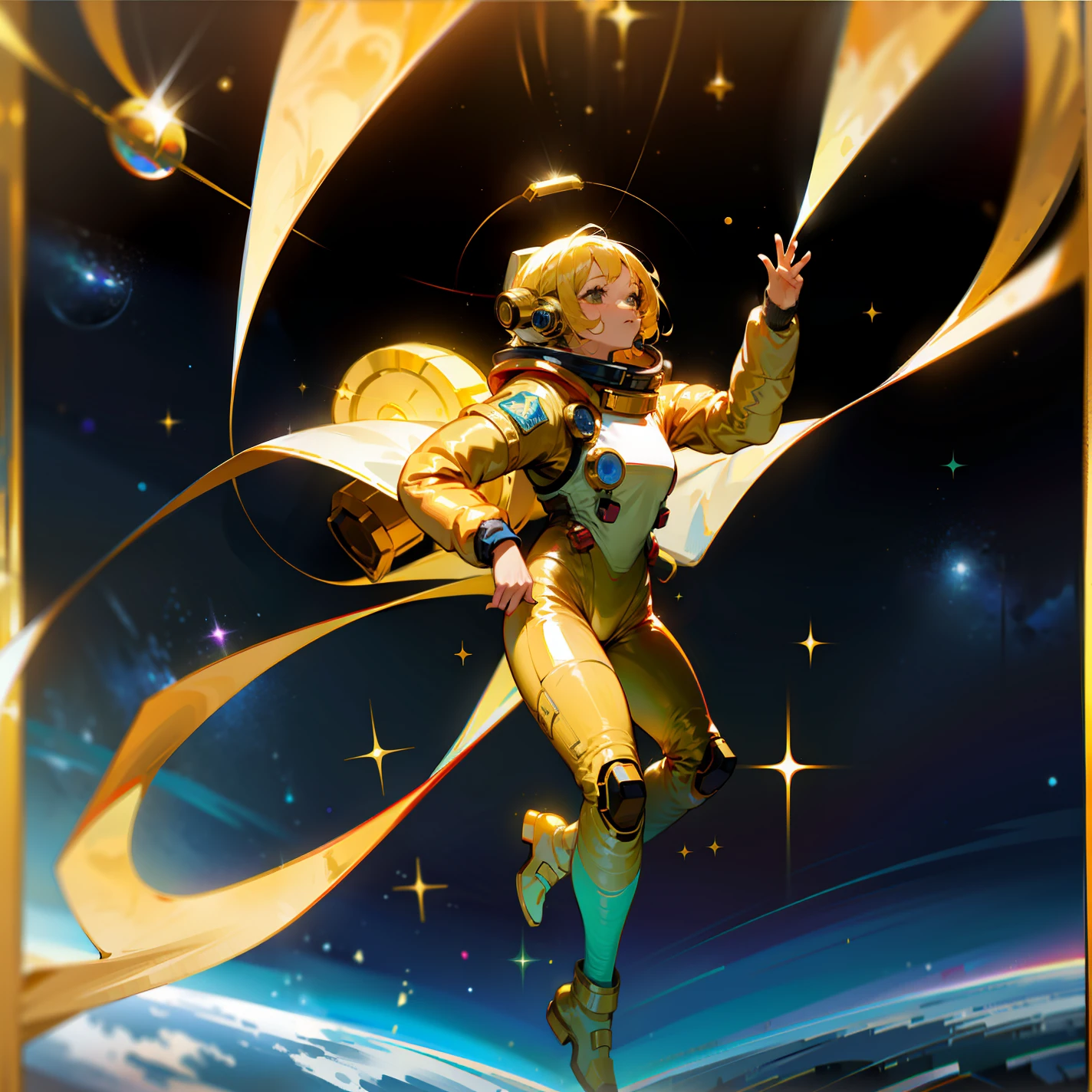 dancing space cadet girl, ((golden space suit))