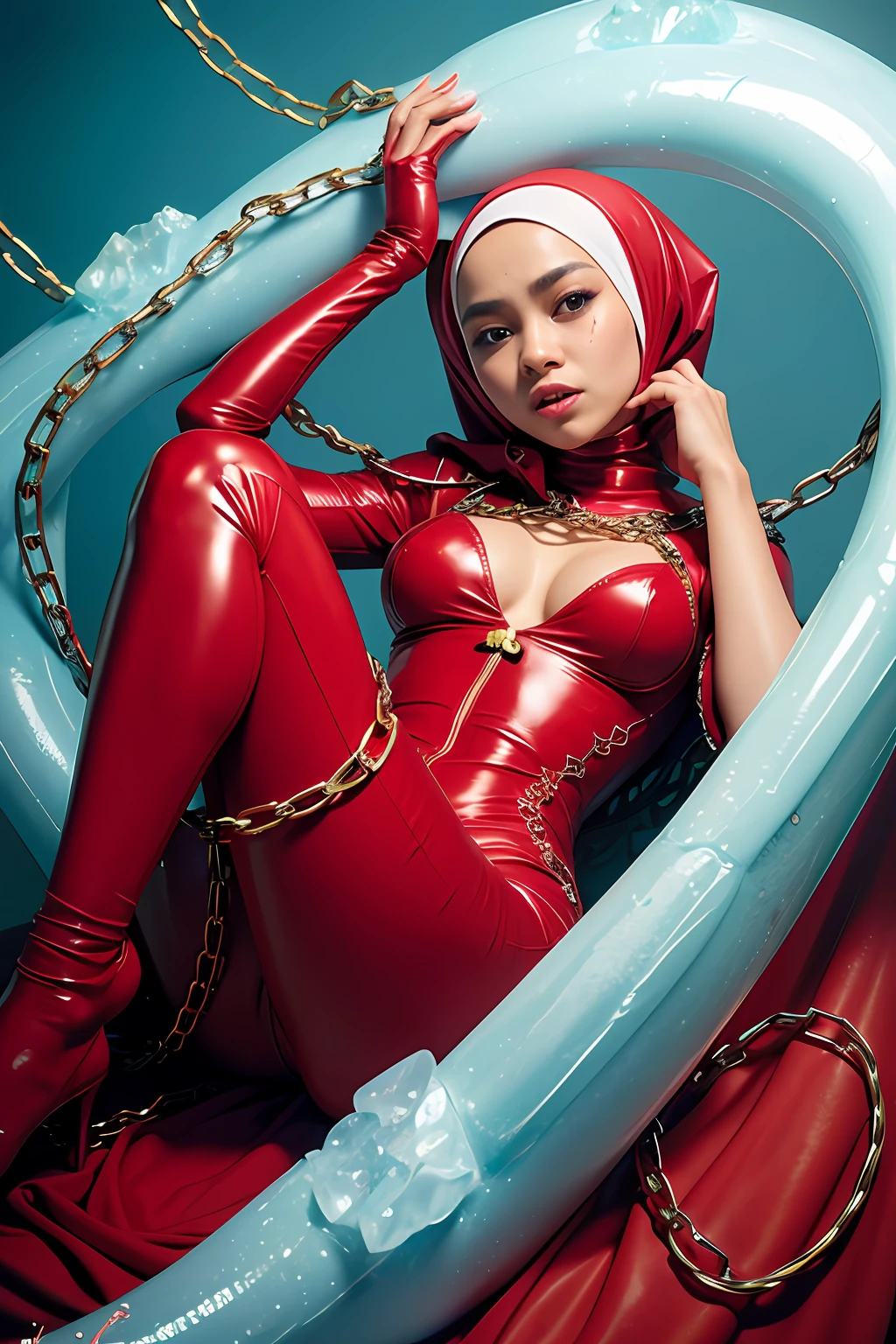 A malay girl, malay girl with exposed skin, sticky liquid, tentacles licking, lying face up, hands separated by chains, struggle,good pain, satistaction, red pastel stockings, red pastel dress, hijab, using ice magic, magic suit, red eyes, red pastel ice wings