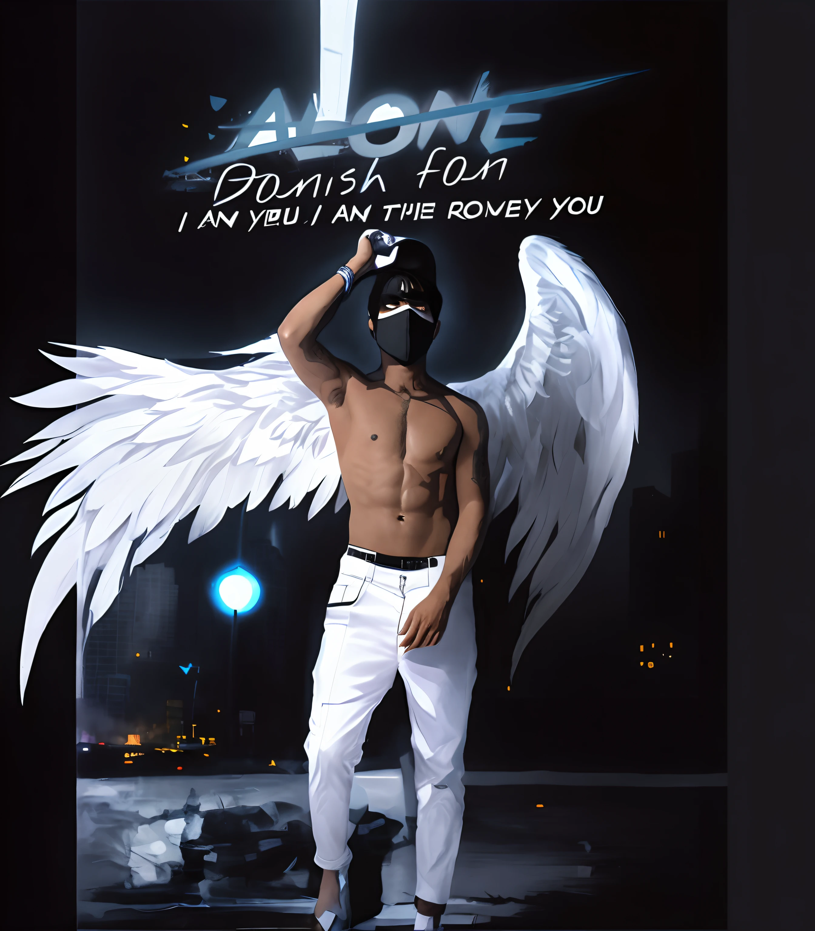 arafed man with white wings and a mask on his face, alone!!, alone, alone dramatic, hes alone, 'lone dark figure'!!, music album cover, cover art, all alone, album cover!, official fanart, alternate album cover, album art cover, profile picture 1024px, he is all alone, album cover