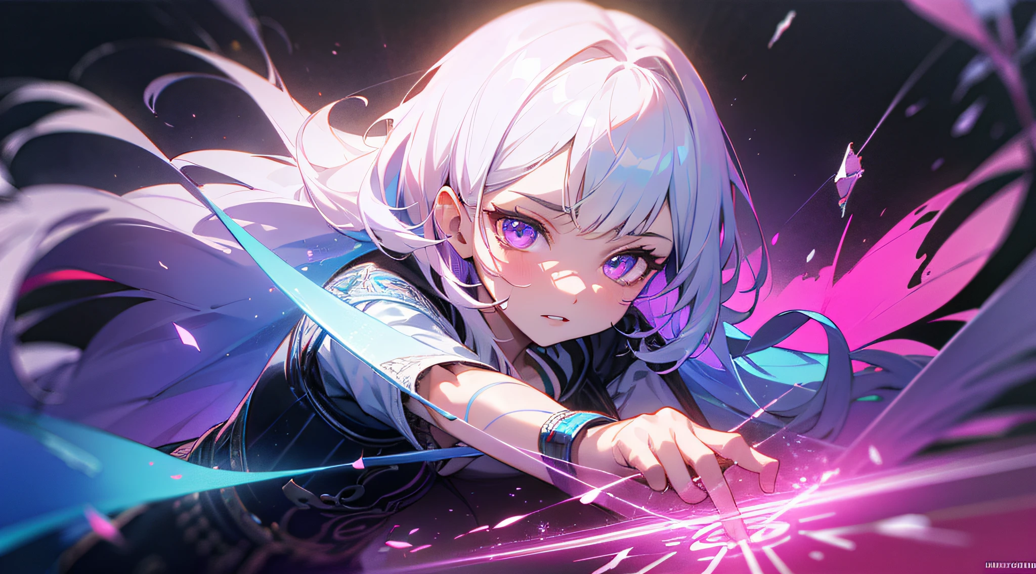masutepiece, Best Quality, (the Extremely Detailed CG Unity 8K Wallpapers, masutepiece, Best Quality, Ultra-detailed, Best Shadow), (Detailed background), (beautifull detailed face, Beautiful detailed eyes), High contrast, (Best Illumination, extremely delicate and beautiful),1girl in,((colourful paint splashes on transparent background, dulux,)), ((Caustic)), Dynamic Angle,Beautiful detailed glow,Full body, Cowboy Shot, Colorful, 1girl in, White hair, Purple eyes, dual-wielding, holding swords, blue flames, Glow, glowing weapons, light Particle, Wallpaper, chromatic abberation, (Detailed background,Dark Fantasy), (beautifull detailed face), High contrast, (Best Illumination, extremely delicate and beautiful), ((Cinematic Light)), Colorful, Hyper Detail, Dramatic light, Intricate details, depth of fields,Black light particles,(Broken glass),Magic Circle,