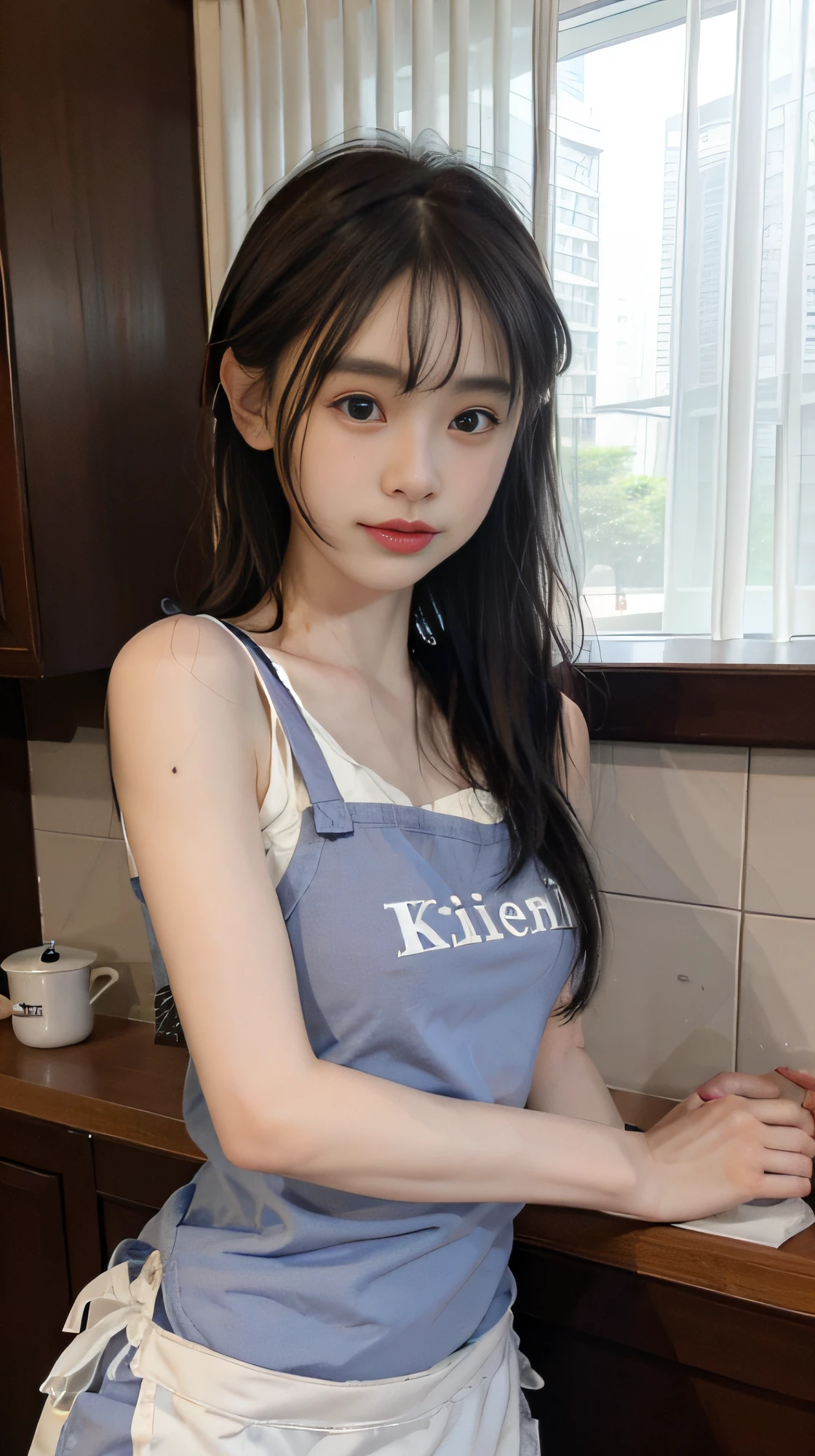 A woman who cooks、(kitchin_aprons:1.Wear 3)、nice hand、4K、A high resolution、tmasterpiece、top-quality、wear cap:1.3、((hasselblad photograph))、Fine skin、foco nítido、(lighting like a movie)、Soft lighting、dynamic ungle、[:(详细的脸:1.2):0.2]、Medium chest、sweat pouring down the skin:1.2、(((In the kitchen))) Cute smile　Viewer's perspective　Colossal tits　tying  hair　Sleeveless　Stretch your upper arms　Shoulders outstretched　cleanness　big kitchen　Beautiful kitchen　Wine glasses