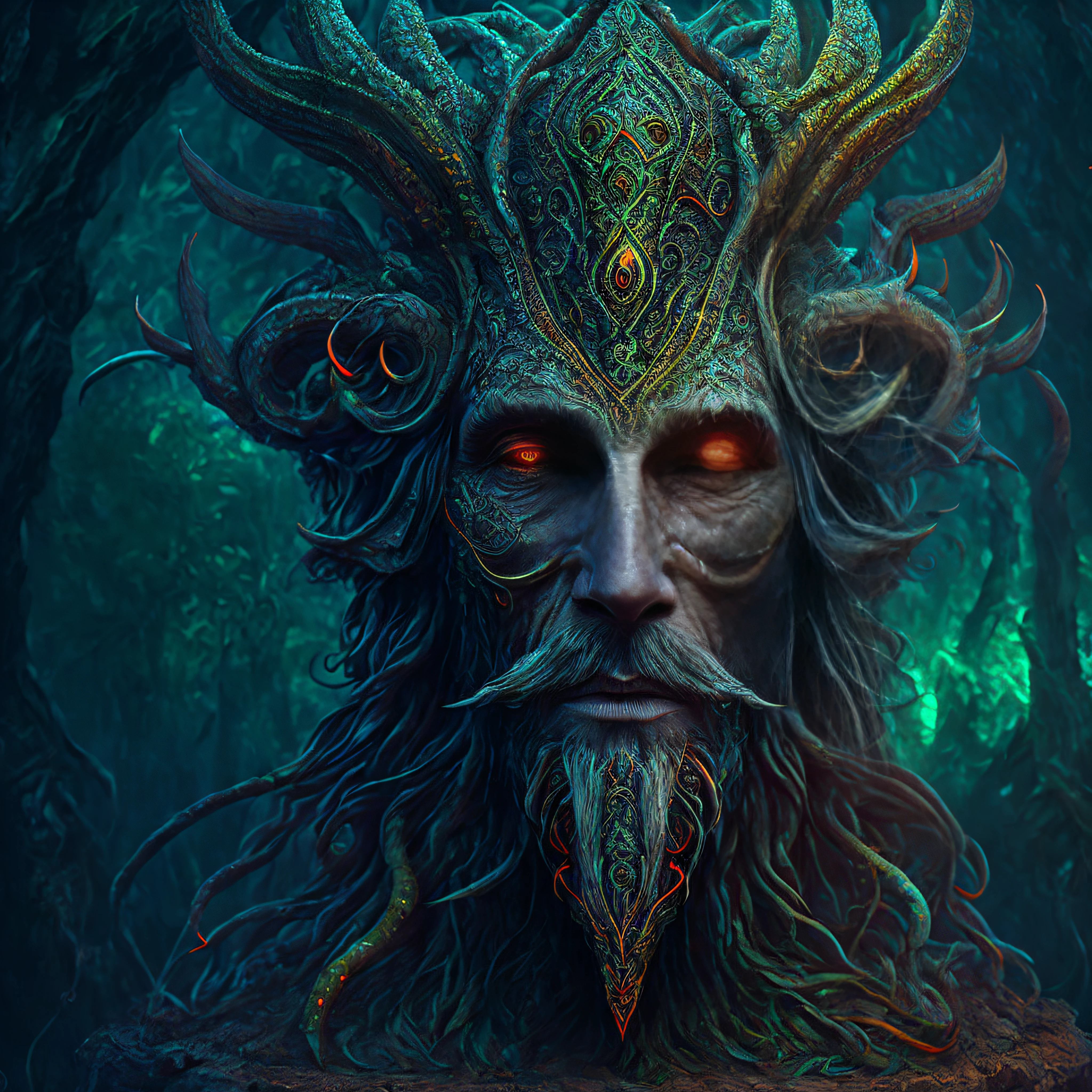 There is a sculpture of an old male shaman with a head made of roots, arte psytrance, hyper - detailed visionary art, hyper detailed visionary art, Symmetrical Epic Fantasy Art, arte lovecraft, highly detailed visionary art, Criatura marinha lovecraftiana, lovecraftian inspiration, intrincada pintura de fantasia, criatura lovecraftiana, subtle lovecraftian vibes, Vou esfregar minha cintura rapidamente e por um tempo, So I'm going to stop and make you sit on your knees.