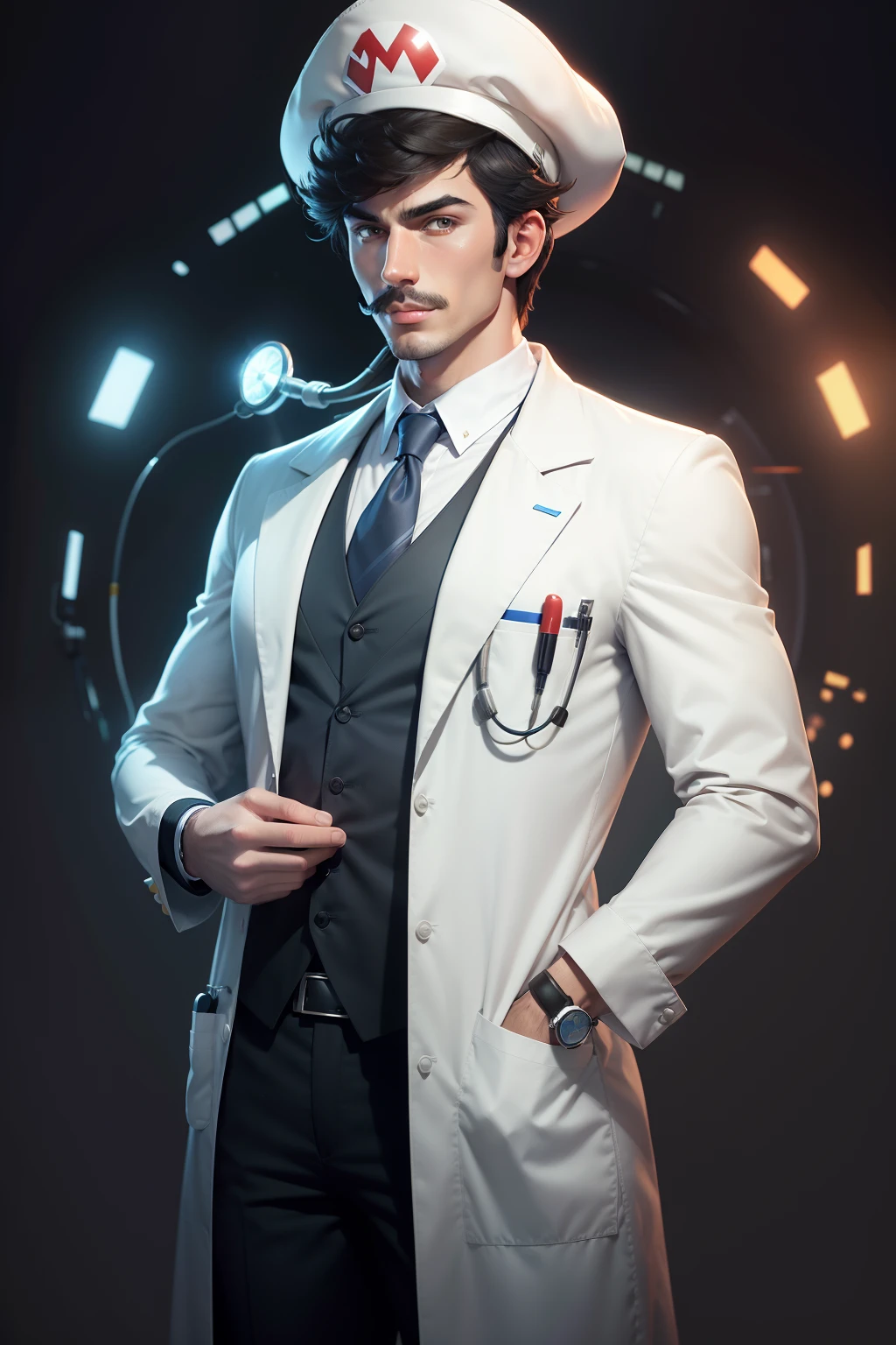 Handsome man with white skin dressed as Mario character in Mario bros game 3d rendering, wearing lab coat、Doctor's attire、stethoscope、close up, Crystal clear images.