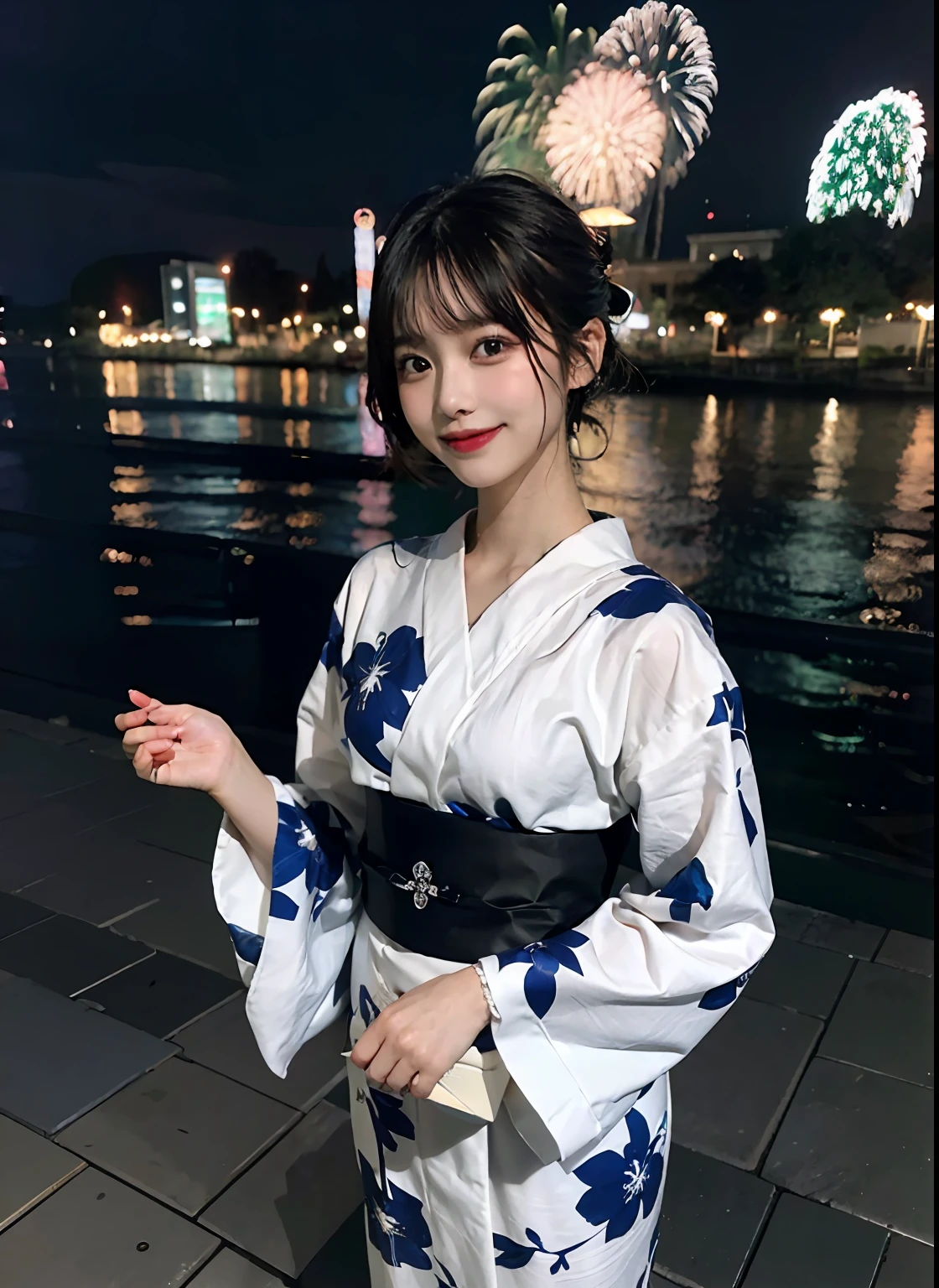 (8K、top-quality、masterpiece:1.2)、(realisitic、realisitic:1.37)、ultra-detailliert、1girl in、cute little、独奏、Beautiful detail sky、date、(Nasal redness)、(A smile:1.15)、(Shut up)Medium chest、Beautiful delicate eyes、natta、Wetty、Professional、White lace、(short medium hair:1.2)、Black Hair Nova Frog Style、Idol、Japanese Floral Yukata、Fireworks at night、full body Esbian、thin and long legs