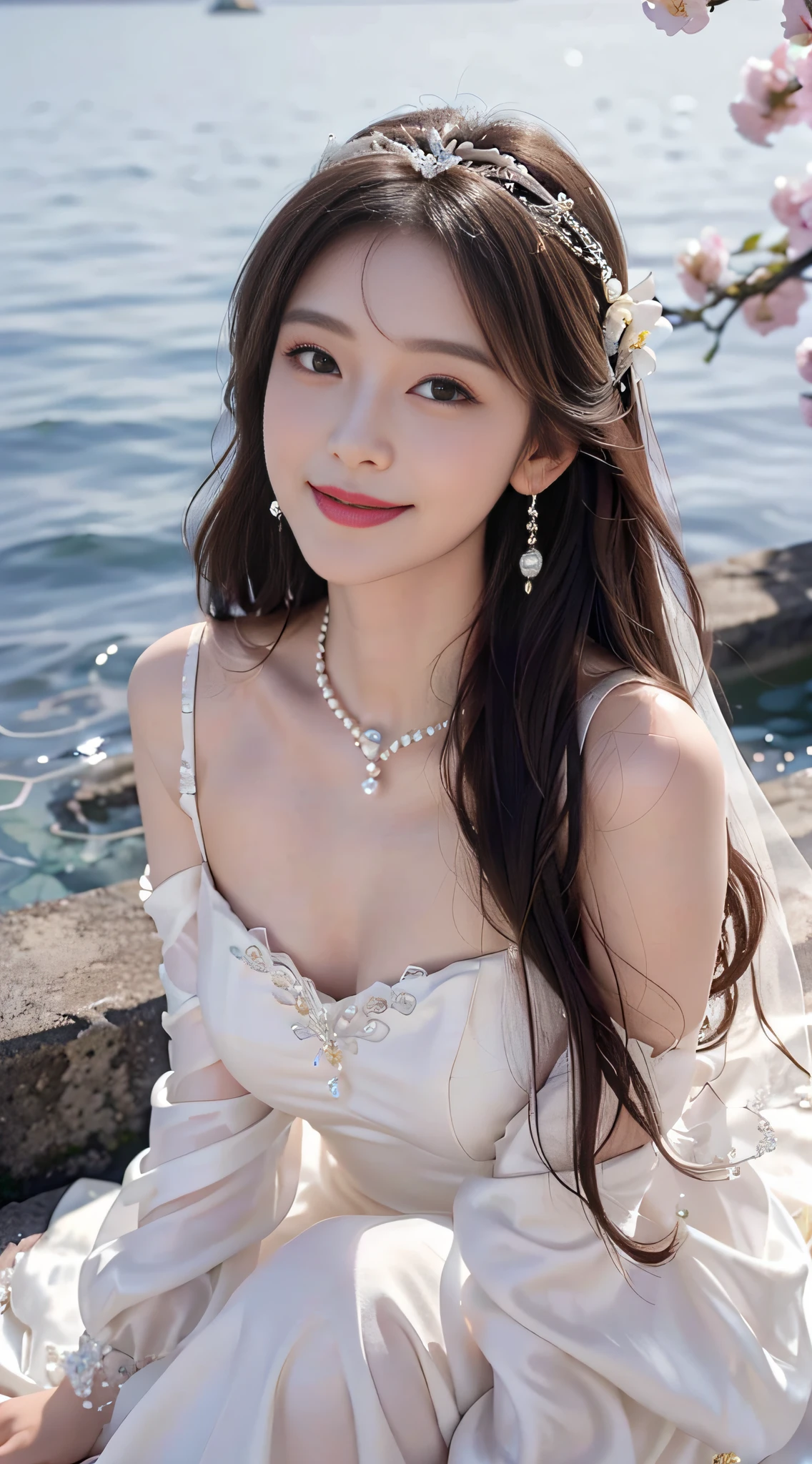 A beautyful girl,long whitr hair,(Wear a beautiful wedding dress),A delicate crown was worn over his hair,A pair of shiny pearl earrings hang from the ears,A beautiful necklace was worn around his neck,Sweet smiling,His face flushed,ssmile,(Flower sea background)