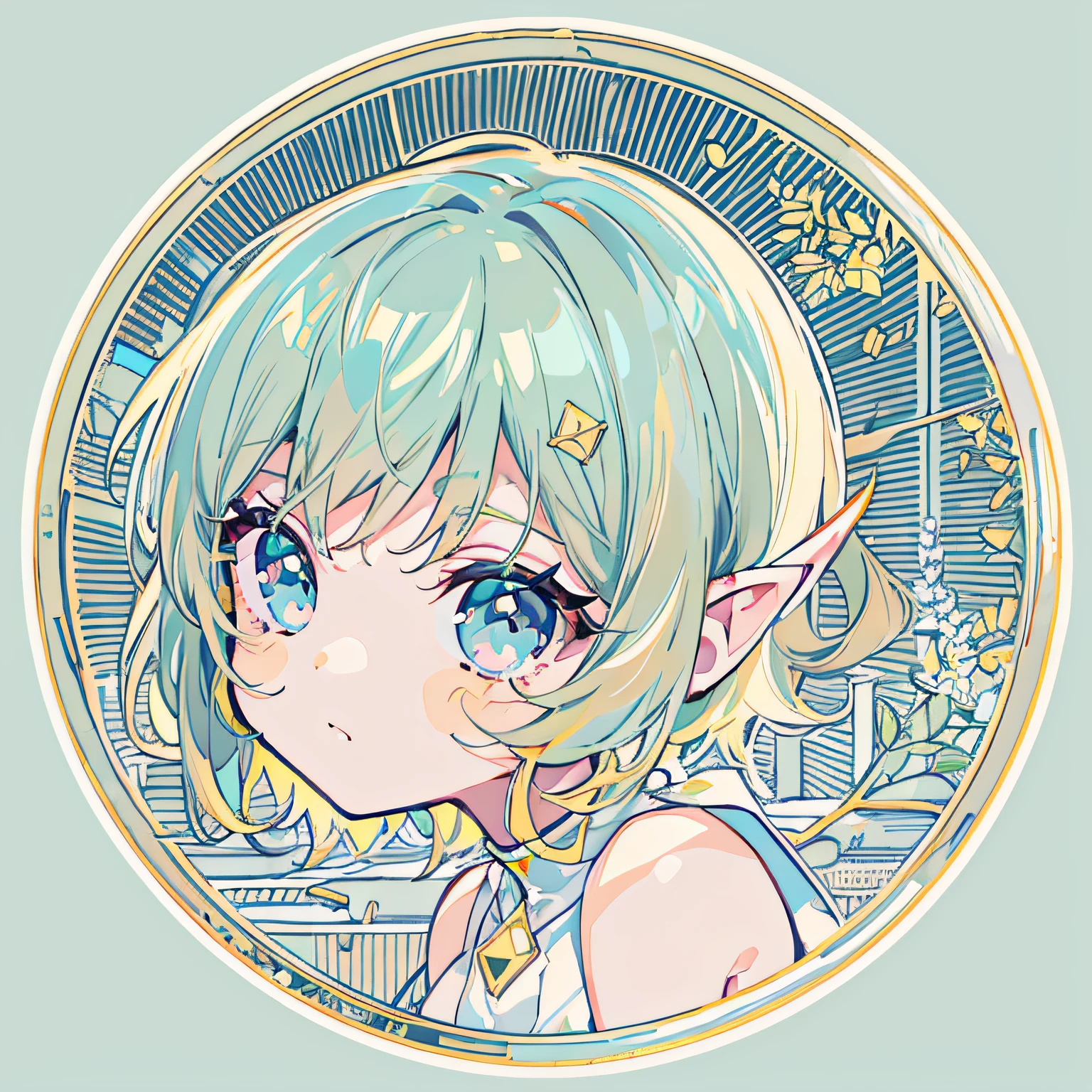 Sticker, Cute anime girl head,Emerald green short hair,Light blue eyes，Long pointed ears，white dresses，Color pigments，in circle, White background, Gold border，Simple, Ultra detailed, Detailed drawing, vectorised, Silhouette, 8K, professional sticker design, Flat design, Vector lines, Sticker, Drawing, Drawing, Full-HD