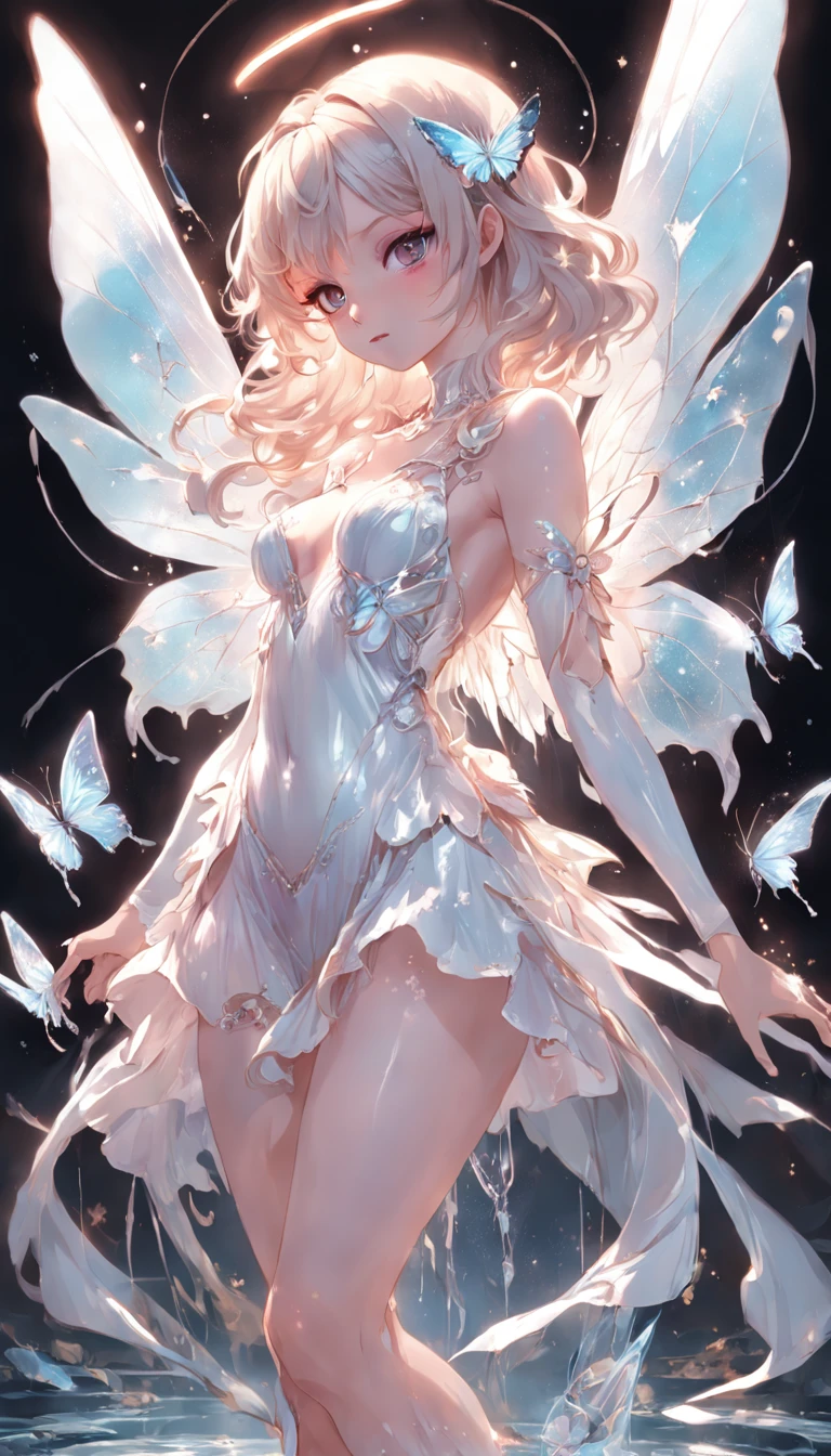 Holy Light Butterfly Angel Girl,Butterfly wings,Chest shooting(mcu),in the style of rococo pastel hues,light white and light red,Incredibly beautiful,white colors,sparkling water reflections,combine,Flowing,hyper realisitc,painting of a,aethereal,Elsa Burda,Elements of mixed reality and fantasy,Ray traching,Intricate patterns,delicate linework,Pressed crystals,Exquisite hands,Shocking,Smooth feet,No socks,Meticulous feet