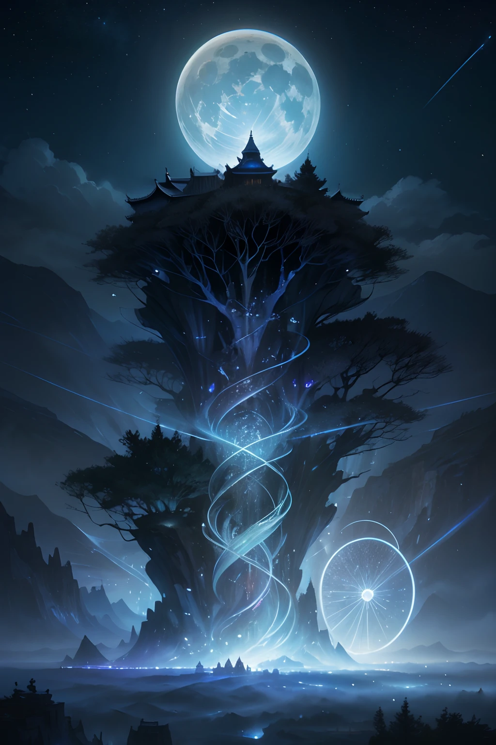 (2 Boys), (Multiple boys, dual wielding, view the viewer, standing, (Glowing), Light particles, Blue Themes, Colorful, the wallpaper, energy, Unknown terror, Arcane, Around the magic ,Magic surrounds ,wands, book, The pages of the book flew all over the sky, Know it all, Predicting the future, Learn about the past, Infinite wisdom, Blue Flame, Warlock, Magical Circle, pentacle, incantation, mantra, Singing magic, Masterpiece, Best quality, (Masterpiece,Best quality:1.5),starrysky,kosmos,rays of moonlight,Moon,Skysky,Highlight,Bright,opulent,baiyun,yin yang,starlights,meteors,China-style,High hills,Mountain and river art,Unified 8k resolution wallpaper,high qulity,Photorealistic,High detail,Fantastic fantasy scene,The details are extremely detailed,scenecy,magic,heal,look up to