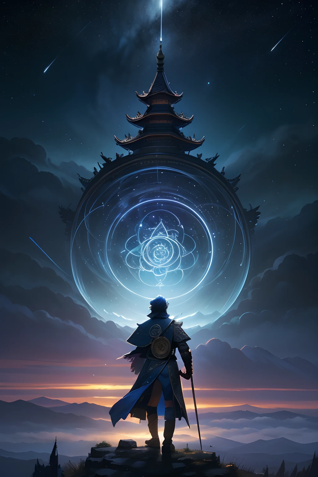 (2 Boys), (Multiple boys, dual wielding, view the viewer, standing, (Glowing), Light particles, Blue Themes, Colorful, the wallpaper, energy, Unknown terror, Arcane, Around the magic ,Magic surrounds ,wands, book, The pages of the book flew all over the sky, Know it all, Predicting the future, Learn about the past, Infinite wisdom, Blue Flame, Warlock, Magical Circle, pentacle, incantation, mantra, Singing magic, Masterpiece, Best quality, (Masterpiece,Best quality:1.5)，starrysky，kosmos，rays of moonlight，Moon，Skysky，Highlight，Bright，opulent，baiyun，yin yang，starlights，meteors，China-style，High hills，Mountain and river art，Unified 8k resolution wallpaper，high qulity，Photorealistic，High detail，Fantastic fantasy scene，The details are extremely detailed，scenecy，magic，heal，look up to