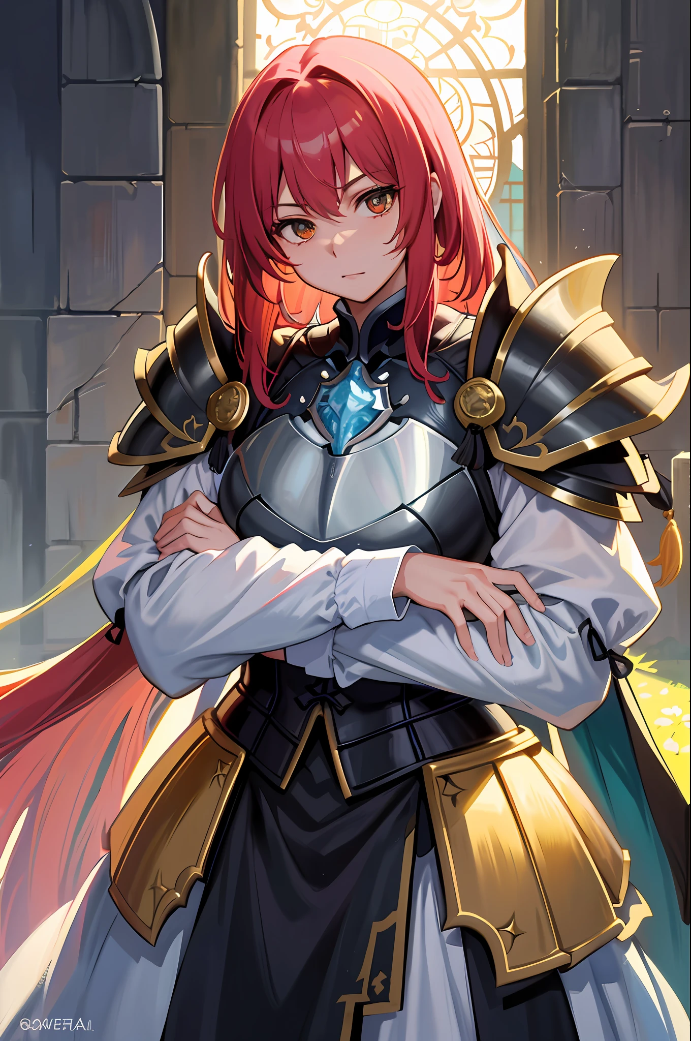 Original Character、Fantasy concept art、Volumetriclighting、best shadow、（Portrait of a noble knight、dignified）、Sophisticated tactical heavy armor，chest plate、Shoulder blades、Tassel waistband、Hand Guard、Poleyn、High quality metal armor texture，broad shoulder，extremely hyper。sword sheath，Stand up，Hold a sword in both arms，Gaze at the viewer，Dazzling sunlight，Rose garden，Rose thorn bush，（HighestQuali，astonishing detail：1.25），（独奏：1.3），Brilliant and colorful paintings
