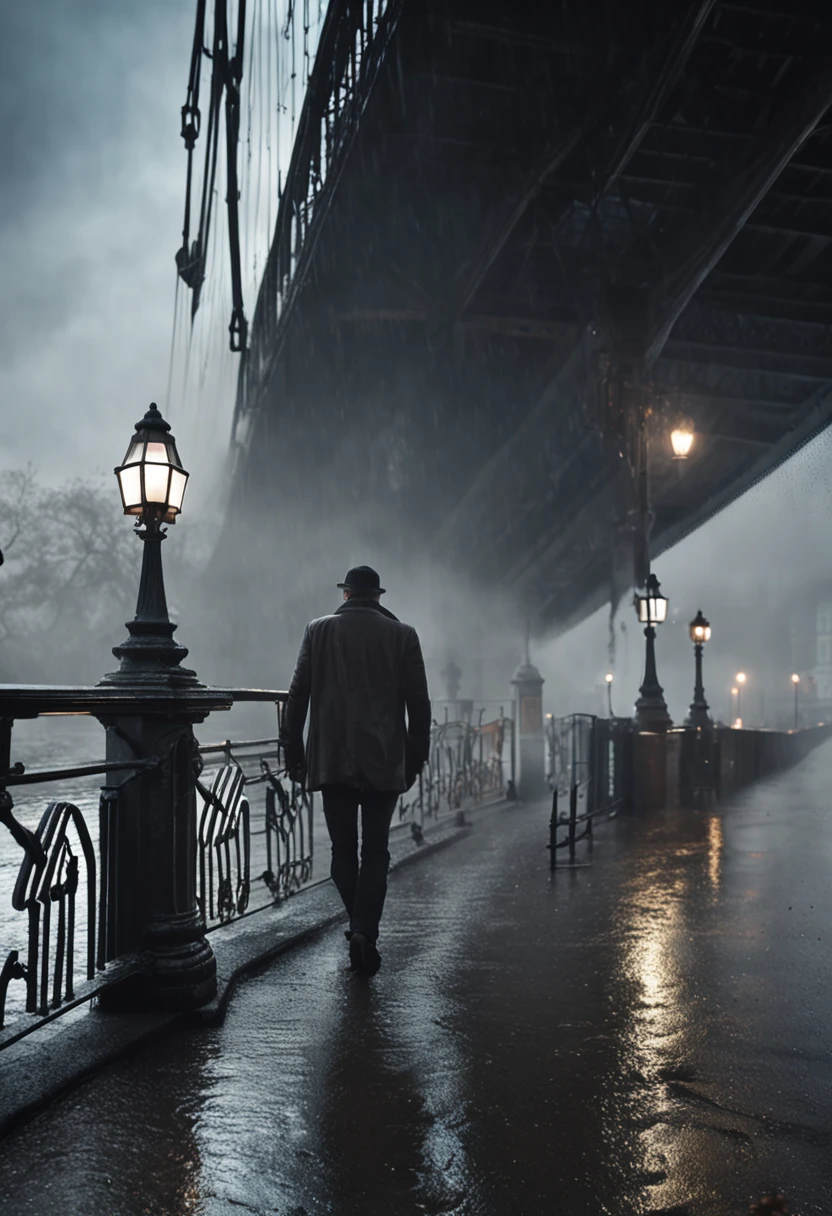 Realistic Realistic Cinematic Quality Super Detail Super Quality Super HD True Photography London Bridge Rain Fog A man on the shore leans against a railing