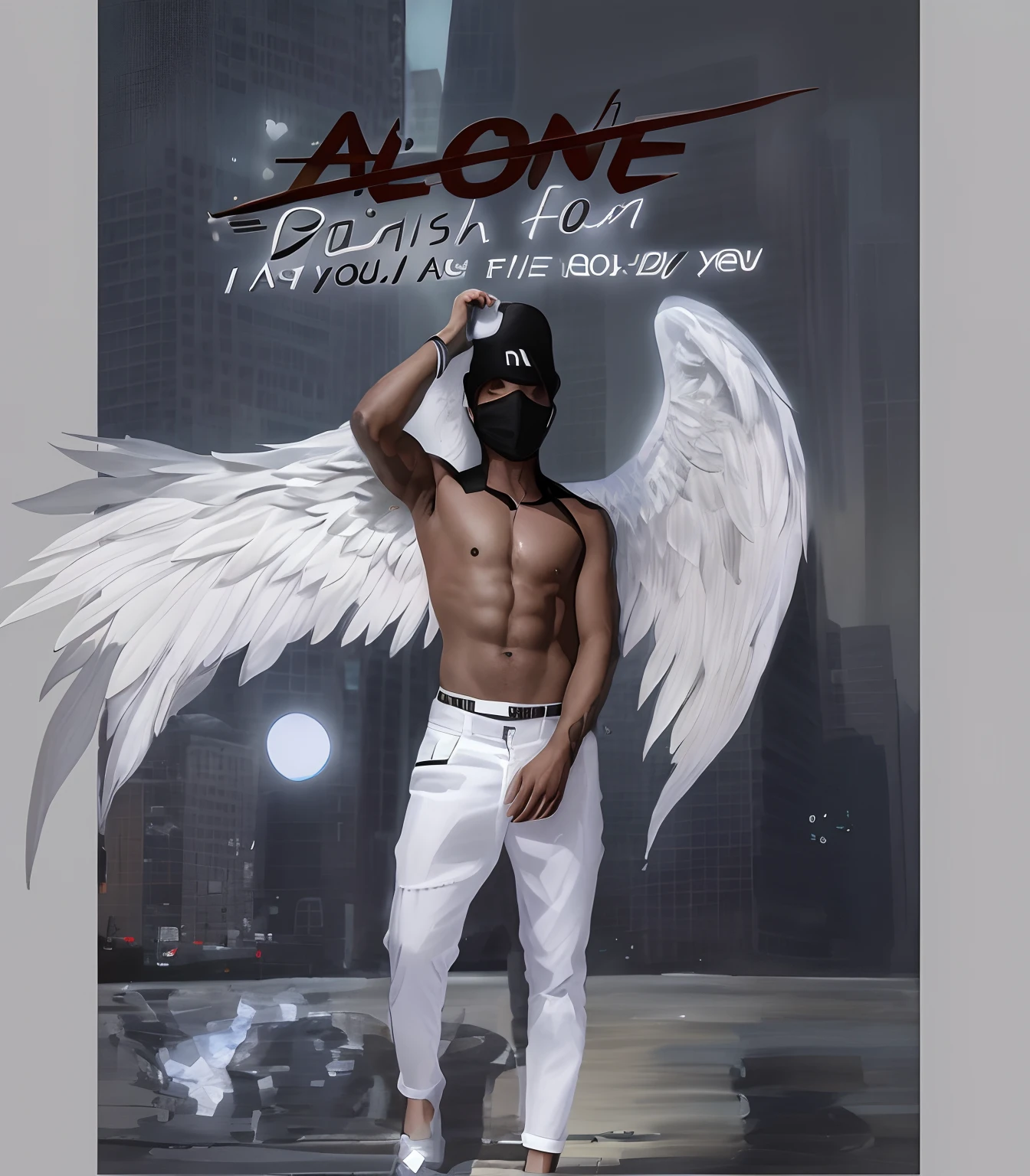 arafed man with white wings and a mask on his face, alone!!, alone, alone dramatic, hes alone, 'lone dark figure'!!, music album cover, cover art, all alone, album cover!, official fanart, alternate album cover, album art cover, profile picture 1024px, he is all alone, album cover