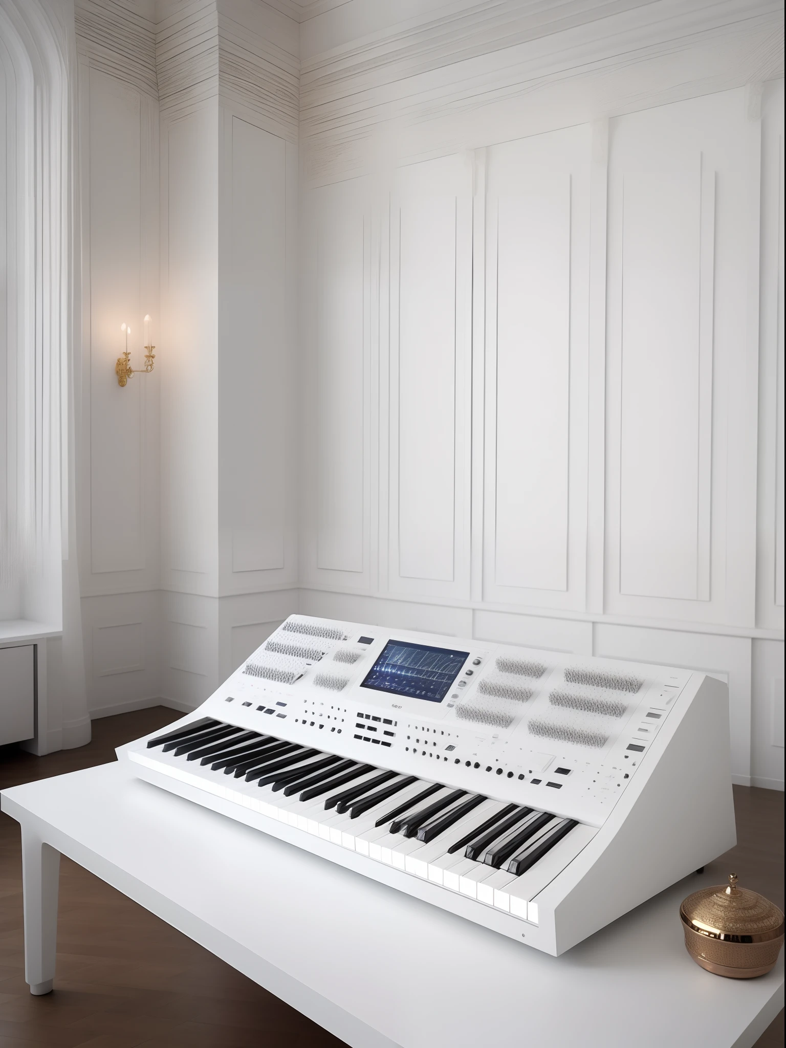 White Room、Sophisticated white synthesizer , roland , Korg ,  Waldorf , masutepiece, top-quality, in 8K , intricate detailes, ultra-detailliert , light Particle、32K Digital Paint, Hyper-Realism,