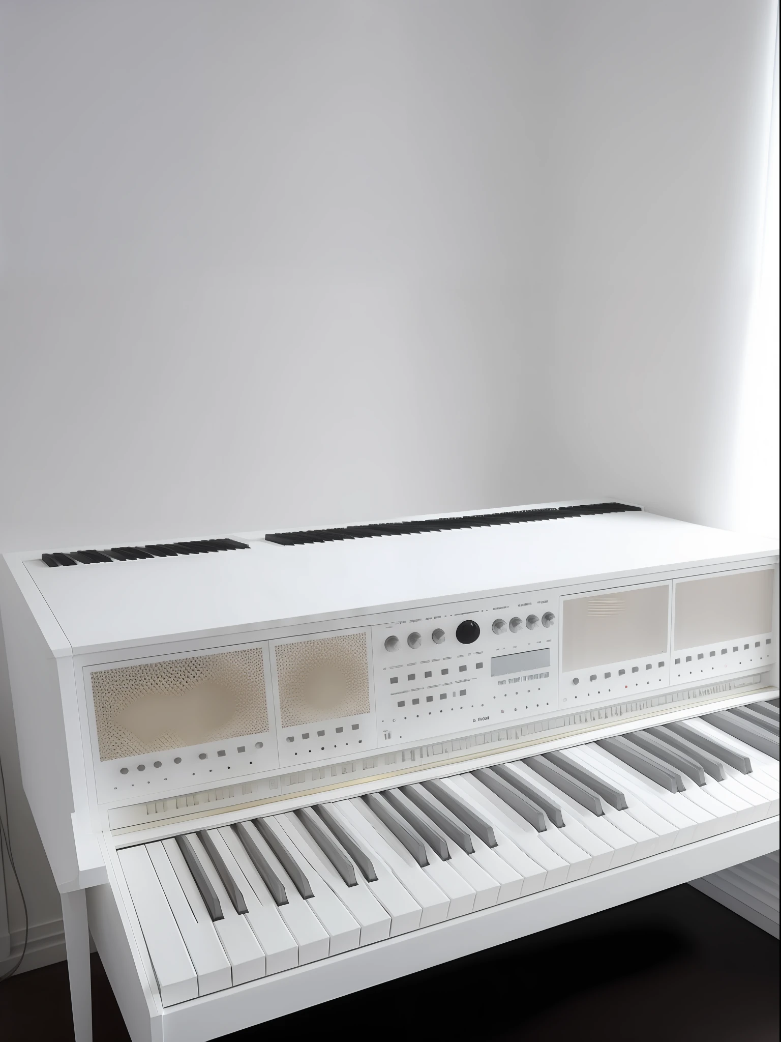 White Room、Sophisticated white synthesizer , roland , Korg , Waldorf , masutepiece, top-quality, in 8K , intricate detailes, ultra-detailliert , light Particle、32K Digital Paint, Hyper-Realism,