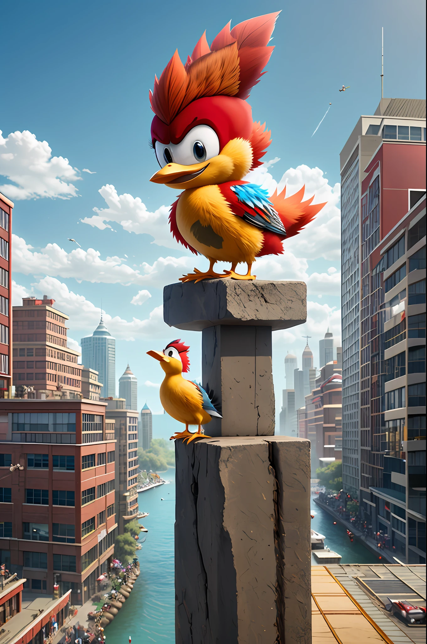 Arafed bird with a red mohawk stands on the ledge in front of the hockey rink, promotional render, Sid, Katie Zidak, In the new action movie "Sonic", 3d model of a japanese mascot, Macho Duck, donald duck, wallpapers!, From Sonic, Shot from the film by Dani Villeneuve, donald duck in real life, rendered in keyshot