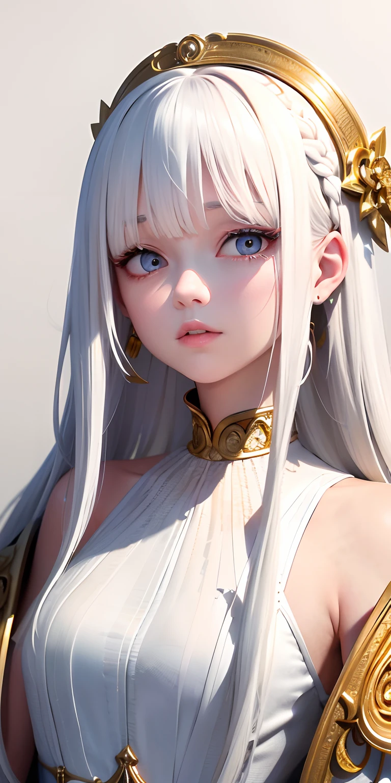 best quality, masterpiece,white hair, gold eyes,white clothes, looking up, upper body,hair strand,Fair skin,side braids