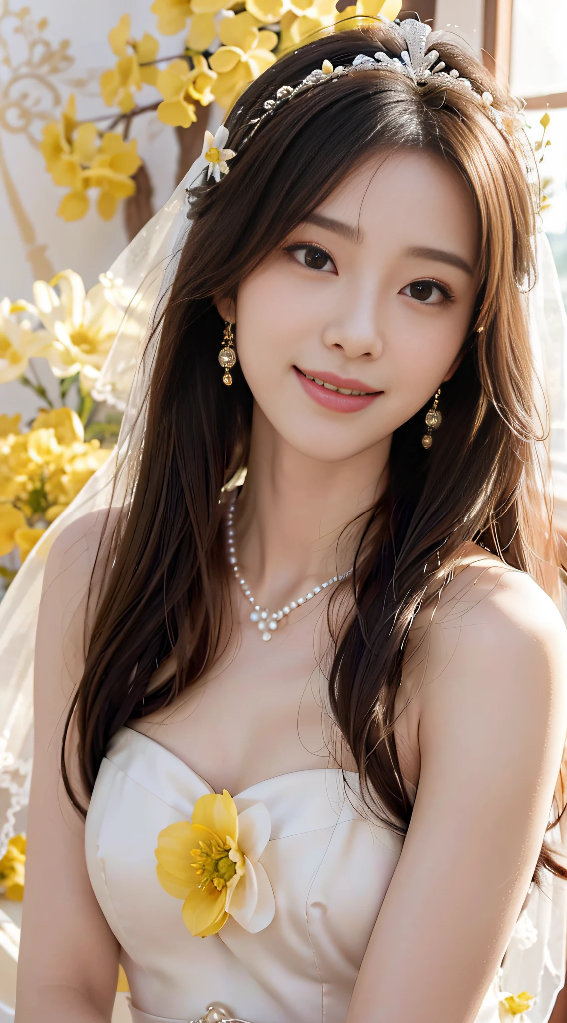 A beautyful girl,long whitr hair,(Wear a beautiful wedding dress),(A delicate crown was worn over his hair),A pair of shiny pearl earrings hang from the ears,A beautiful necklace was worn around his neck,Sweet smiling,His face flushed,ssmile,(Yellow flower sea background),Stroke hair with one hand