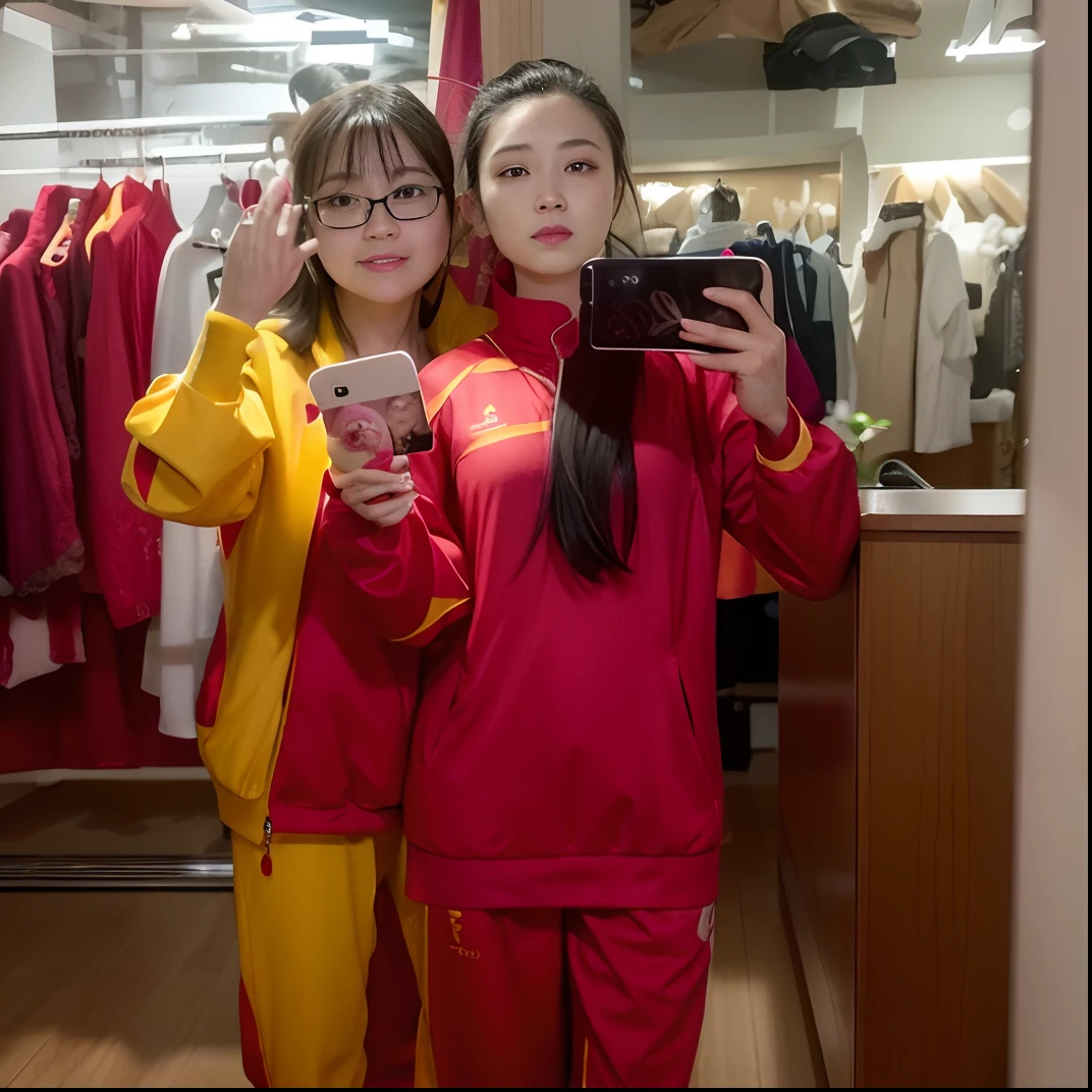 Two women taking selfies in the mirror, Ruan Jia and Fenghua Zhong, wearing red and yellow clothes, ulzzangs, full-body xianxia, personal profile picture, jia, wearing track and field suit, Li Zixin, with her long, dang my linh, leaked image, shaxi, mingchen shen, lulu chen