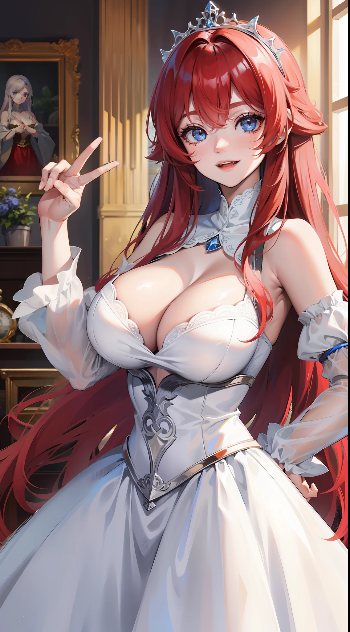 young girl, Long red hair, blue eyes, Huge-breasts, White princess dress, open breasts, Smile, Masterpiece, hiquality