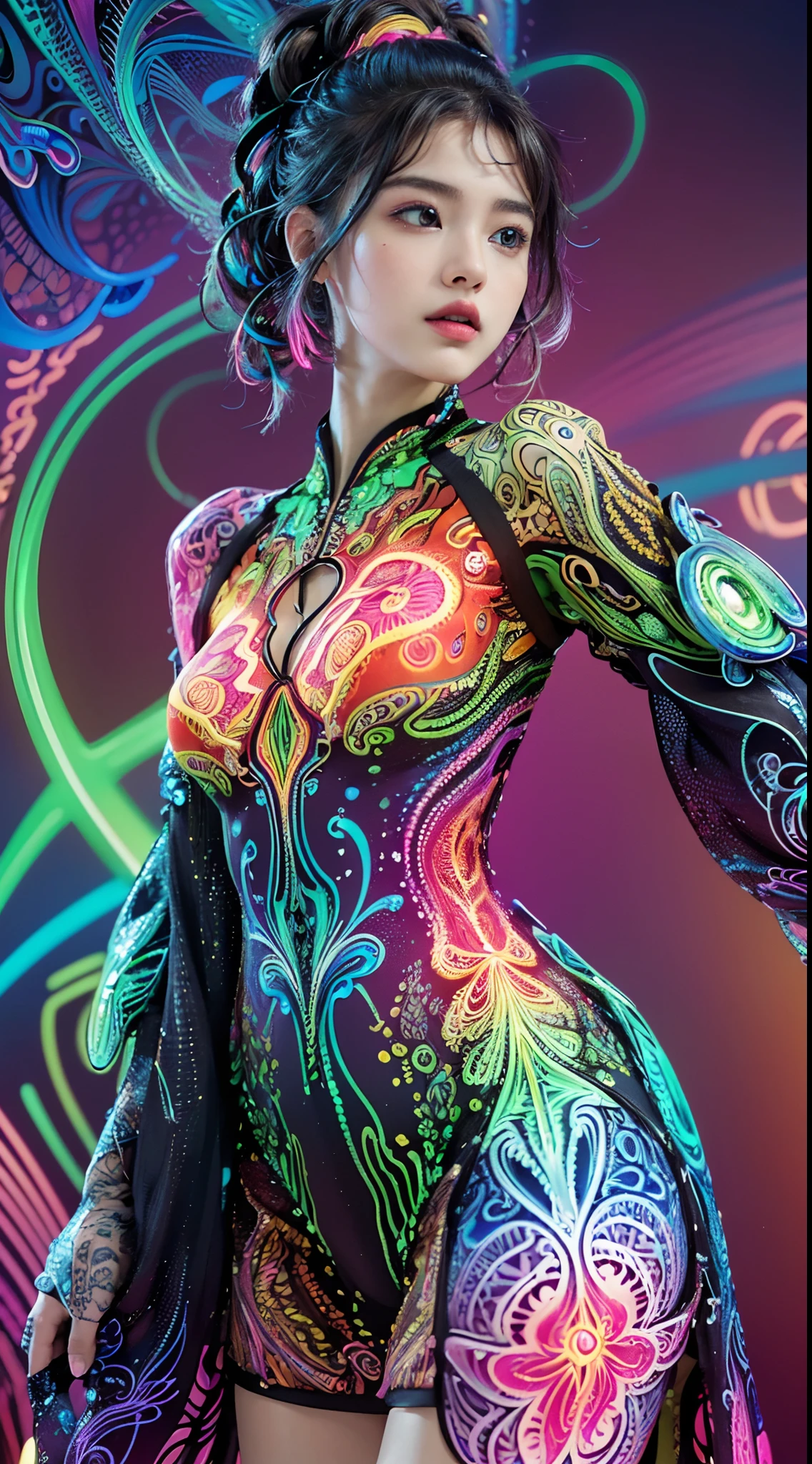 (masterpiece, top quality, best quality, official art, beautiful and aesthetic:1.2), (1girl:1.3), extremely detailed,(fractal art:1.2),colorful,highest detailed,( zentangle neon:1.2), (dynamic pose), (abstract background neon:1.5), (treditional dress:1.2), (shiny skin), (many colors:1.4), upper body ,Neon,16K,Full HD