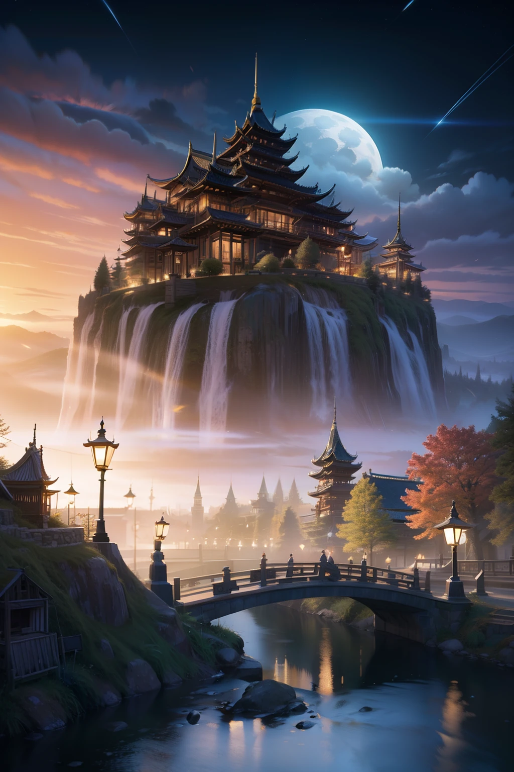 starrysky,kosmos,rays of moonlight,Moon,Skysky,highlight,bright,opulent,baiyun,yin yang,starlights,meteors,High hills,Mountain and river art,Unified 8k resolution wallpaper,high qulity,Photorealistic,High detail,Fantastic fantasy scene,The details are extremely detailed,scenecy,Magic,heal