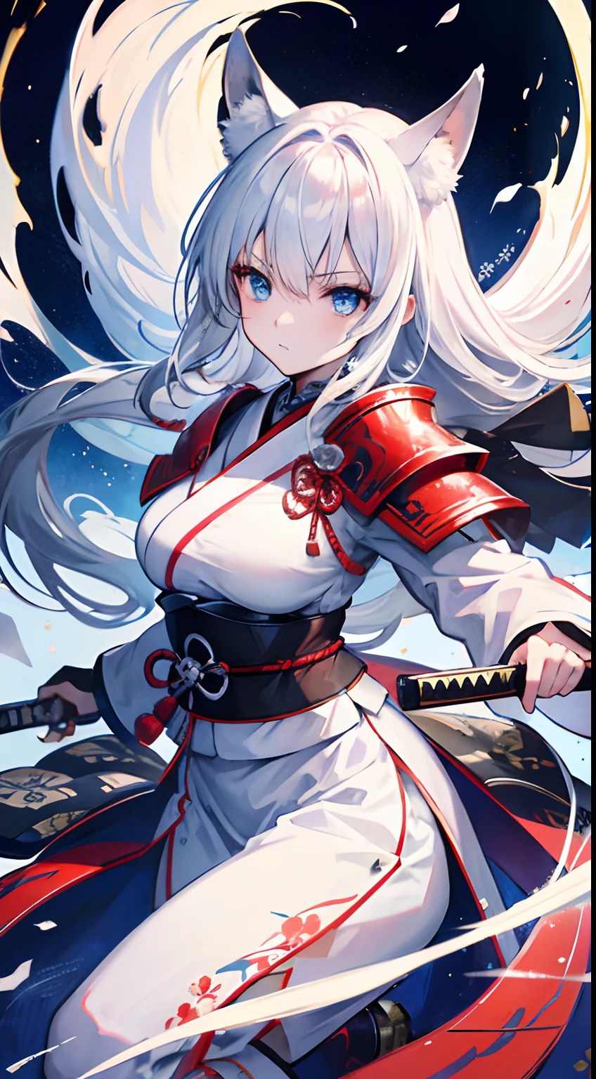 Azur Lane Kaga, 1 girl, i character, anime girl with white hair and blue dress, white - haired fox, white fox anime, fox nobushi, 9 tails, 9 fox tails, 9 white fox tails, white fox, vampire white fox, azur lane style, official character art, kemono, white cat girl, art of kirokaze pixel, ahri, onmyoji, characters from azur lane, cherry tree background, 