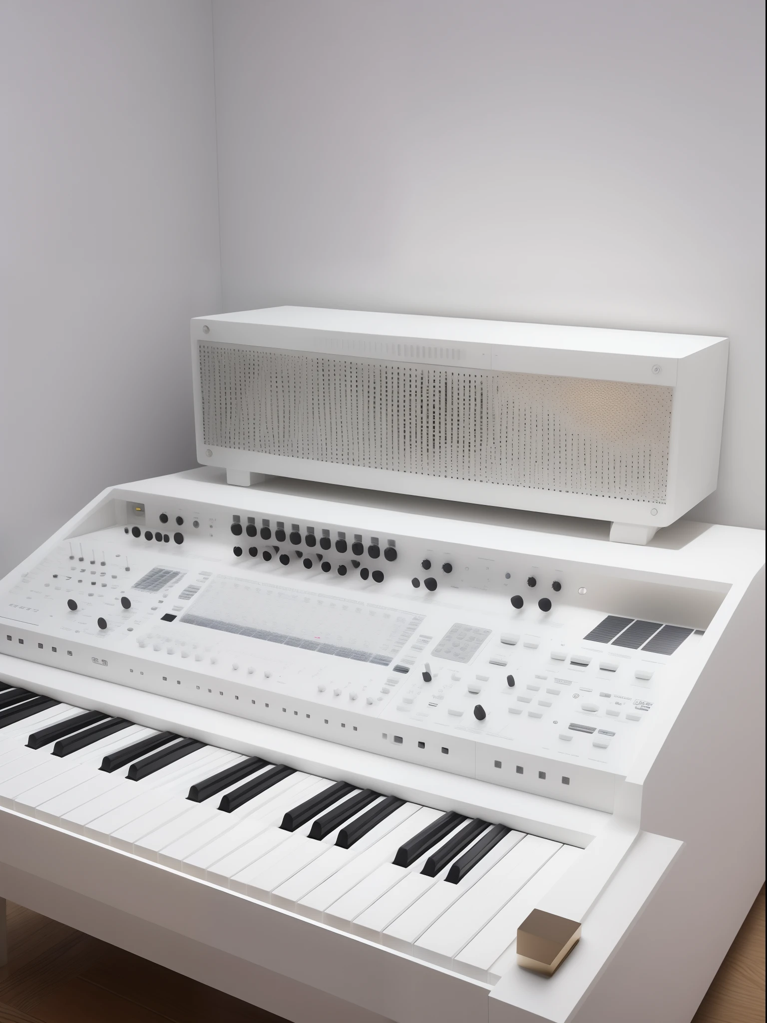 White Room、Sophisticated white synthesizer , roland , Korg , Waldorf , masutepiece, top-quality, in 8K , intricate detailes, ultra-detailliert , light Particle、32K Digital Paint, Hyper-Realism,