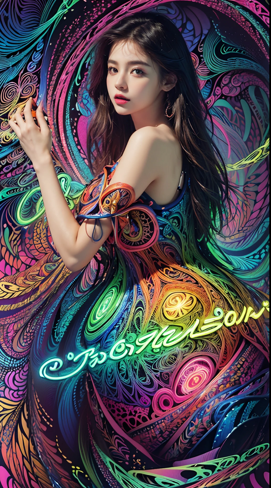 (masterpiece, top quality, best quality, official art, beautiful and aesthetic:1.2), (1girl:1.3), extremely detailed,(fractal art:1.2),colorful,highest detailed,( zentangle neon:1.2), (dynamic pose), (abstract background neon:1.5), (treditional dress:1.2), (shiny skin), (many colors:1.4), upper body ,Neon,16K,Full HD