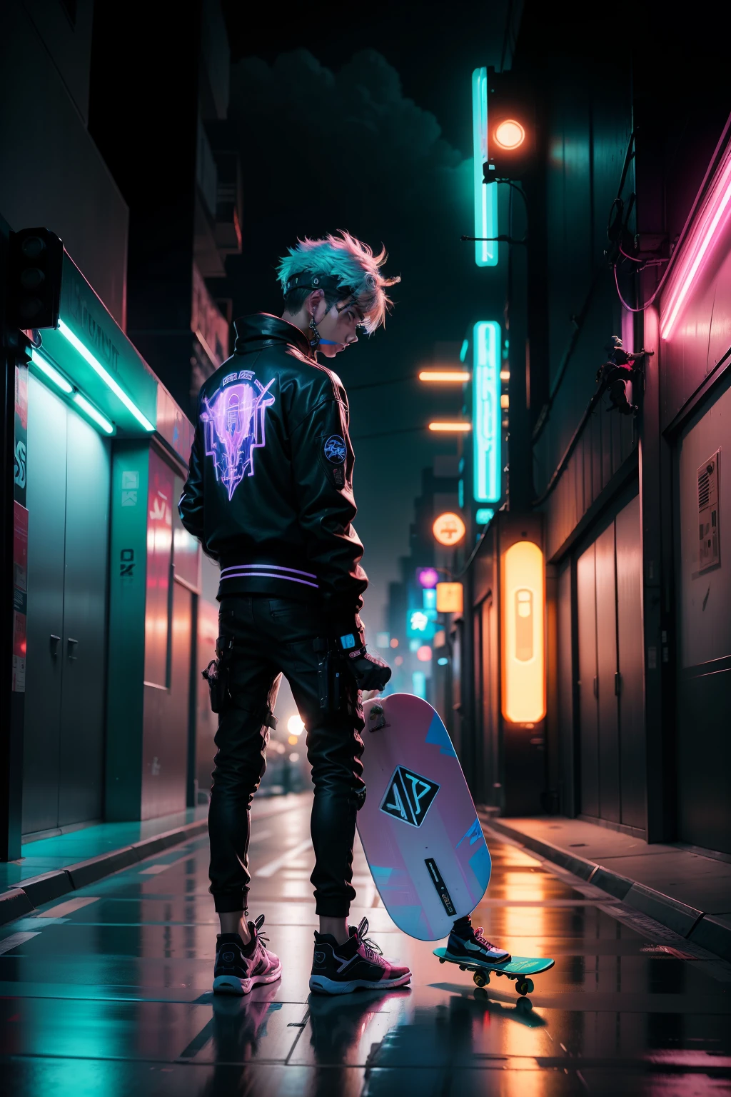 A skateboarding boy futuristic wind cyberpunk neon street