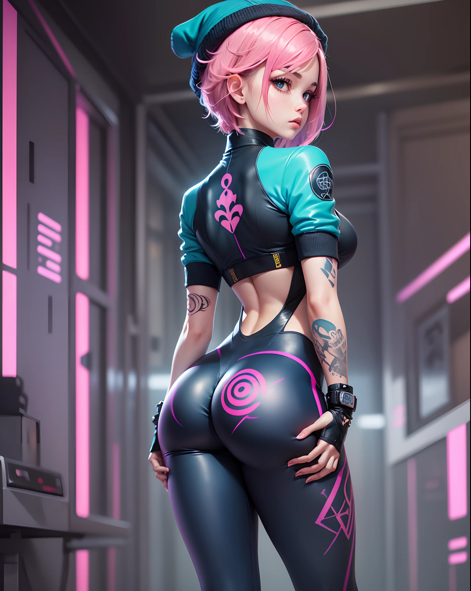 a detailed photo of a beautiful girl, (dynamic backpose:1.3), hourglas body, (tatoos:1.3), short hair, pink hair, wearing a beanie, wearing a (blue crop jacket:1.2), short sleeves, wearing a black full body suit, leggings, downside view, intricate, (down angle), masterpiece, best quality, neon, futuristic background --auto --s2