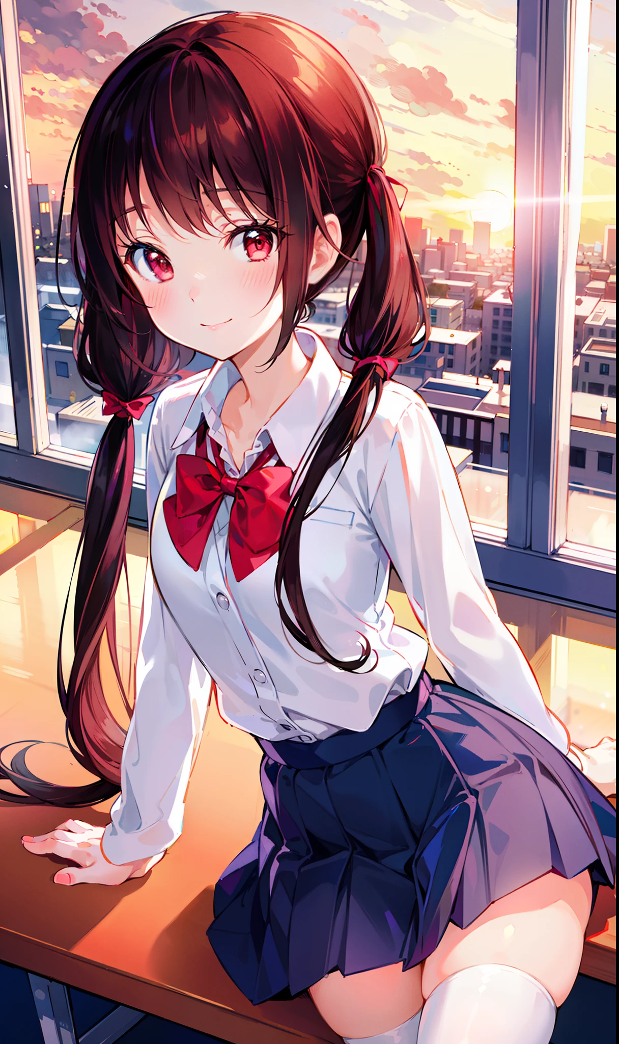 (masterpiece), (best quality), (illustration), (beautiful detailed), (highres), 1girl, solo, looking at viewer,
sitting, 
sunset, (school uniform), 
long hair, red eyes, low twintails,
ribbon, white shirt, (blue) skirt, black thighhighs, 
smile, blush,
indoors, window, [building], classroom, table, chair, (coffee:0.5)