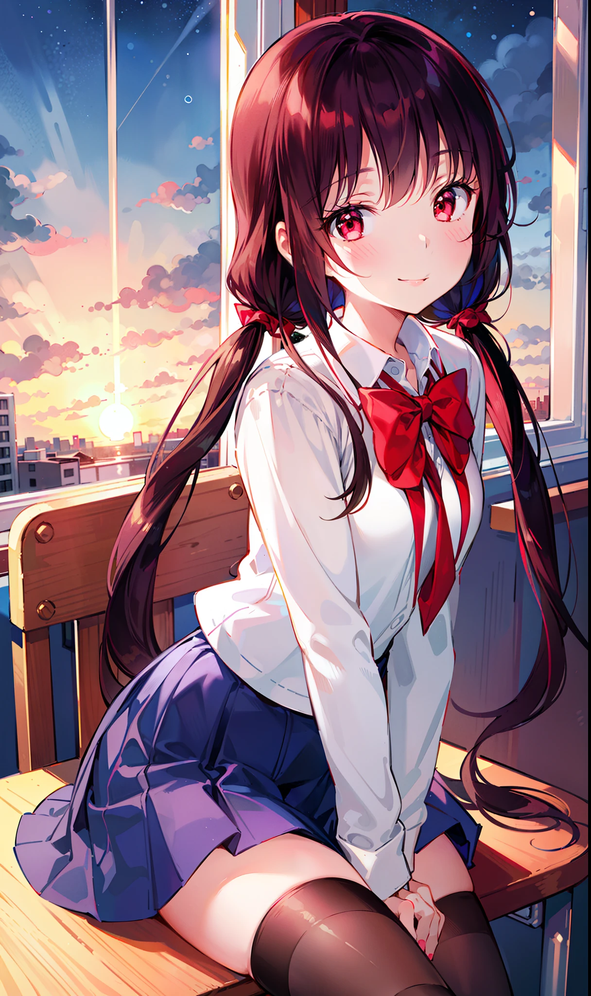 (masterpiece), (best quality), (illustration), (beautiful detailed), (highres), 1girl, solo, looking at viewer,
sitting, 
sunset, (school uniform), 
long hair, red eyes, low twintails,
ribbon, white shirt, (blue) skirt, black thighhighs, 
smile, blush,
indoors, window, [building], classroom, table, chair, (coffee:0.5)