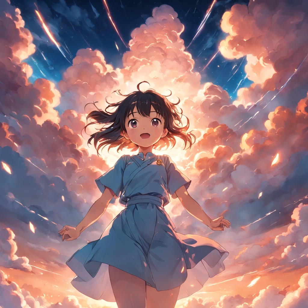 masterpiece, best quality, movie still, 1girl, cloud girl, floating in the sky, close-up, bright, happy, warm soft lighting, sunset, (sparks:0.7)