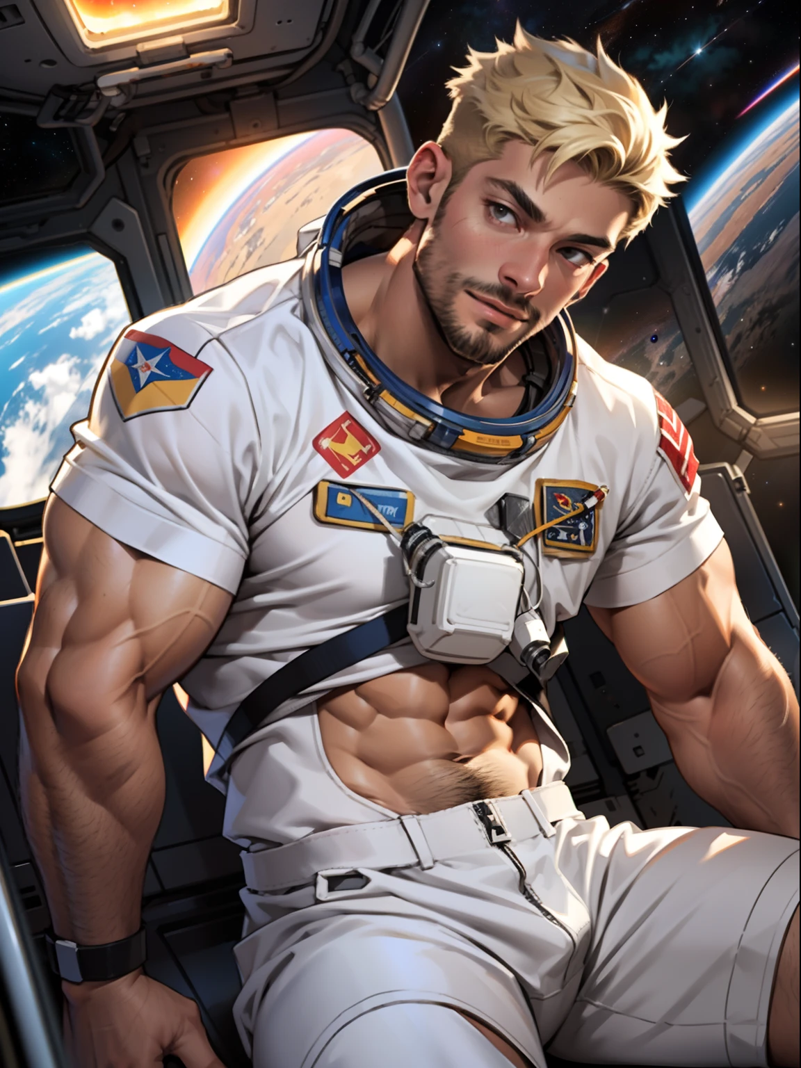 30 years old, astronaut, outside of international space station, space walk, male, fully naked, stubble, huge muscles, mature man, muscle swelling, bodybuilding, chest muscles, abs, natural light, wheat-colored skin, blonde, 1man, sitting, floating in space, impressive view of the universe, sexy look, flirtatious