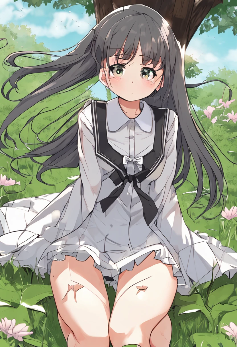 masterpiece, best quality, in a meadow, comic, bishoujo, medium breasts, barefoot, bare_legs, school uniform, fishnet pantyhose, black thighhighs, bare legs, skirt lift, oral/,