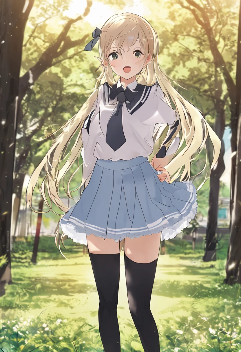 1 girl, rubio_hair, blue_eyes, blue_sky, blush, sinos, Bush, cloud, cloudy_sky, day, frown, hair_ornaminto, hair_collector, long_hair, long_sleeves, looking_in_viewer, half_sinos, outdoor, collector, shirt, sky, Alone, tree, two tails, Superior_body, vintana hintai
anime, HdR, luz tinue, ((Best Quality)), ((masterpiece)), (detailed),