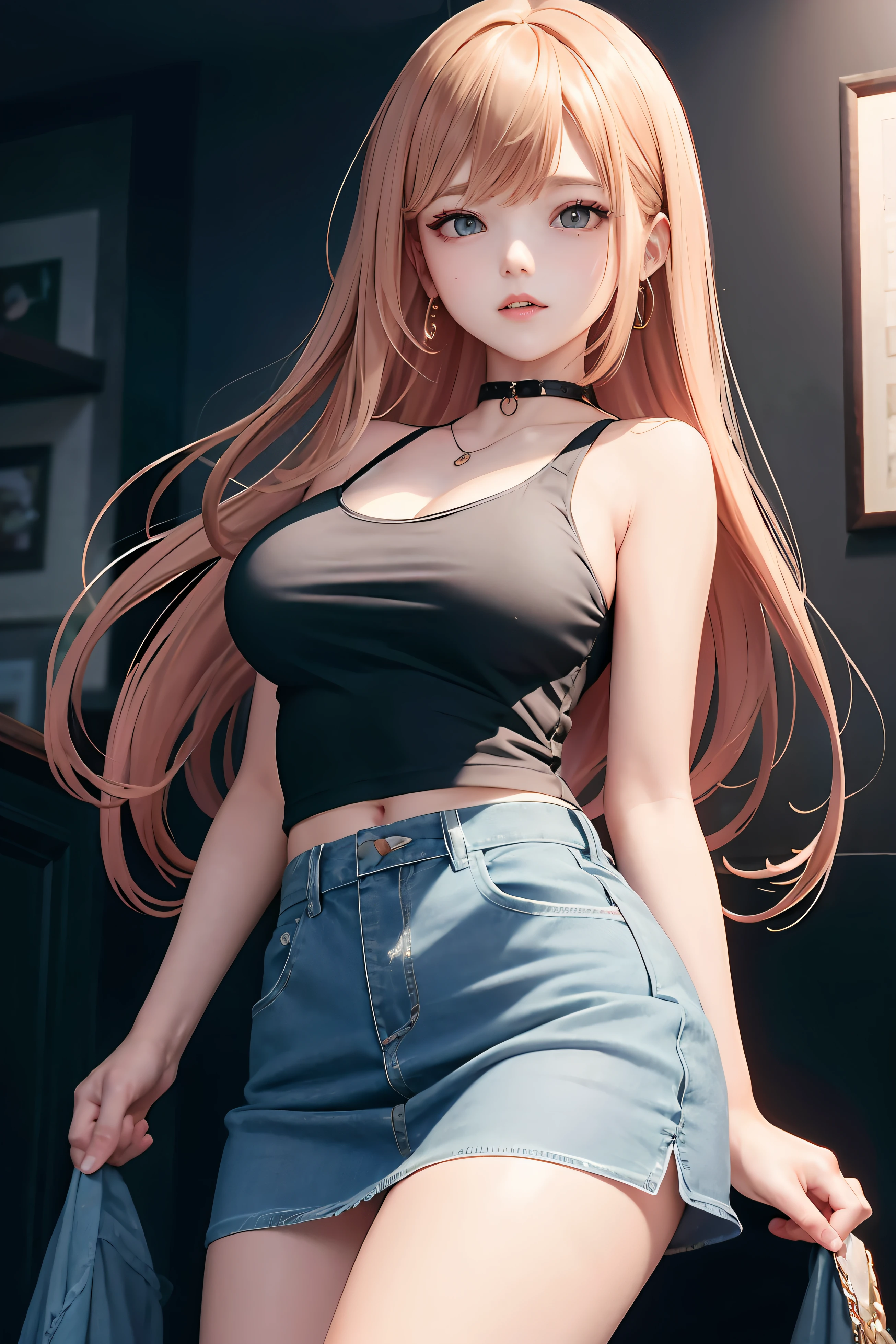 （（large full breasts、tomgirl、Head））、（the perfect body：1.1）、（longwavy hair：1.2）、Ahoge、reddish brown、collars、chain、bustup、Crowded city、Black tank top、jean jacket、（Short skirt）、（Very elaborate CG 8K wallpapers）、（extremely delicate and beautiful）、（​masterpiece）、（top-quality）:1.0)、(超A high resolution:1.0)、beautiful  lighting、perfect lightning bolt、realistic shadow、[hight resolution]、detailed skins、ultra-detailliert ((colourfull))