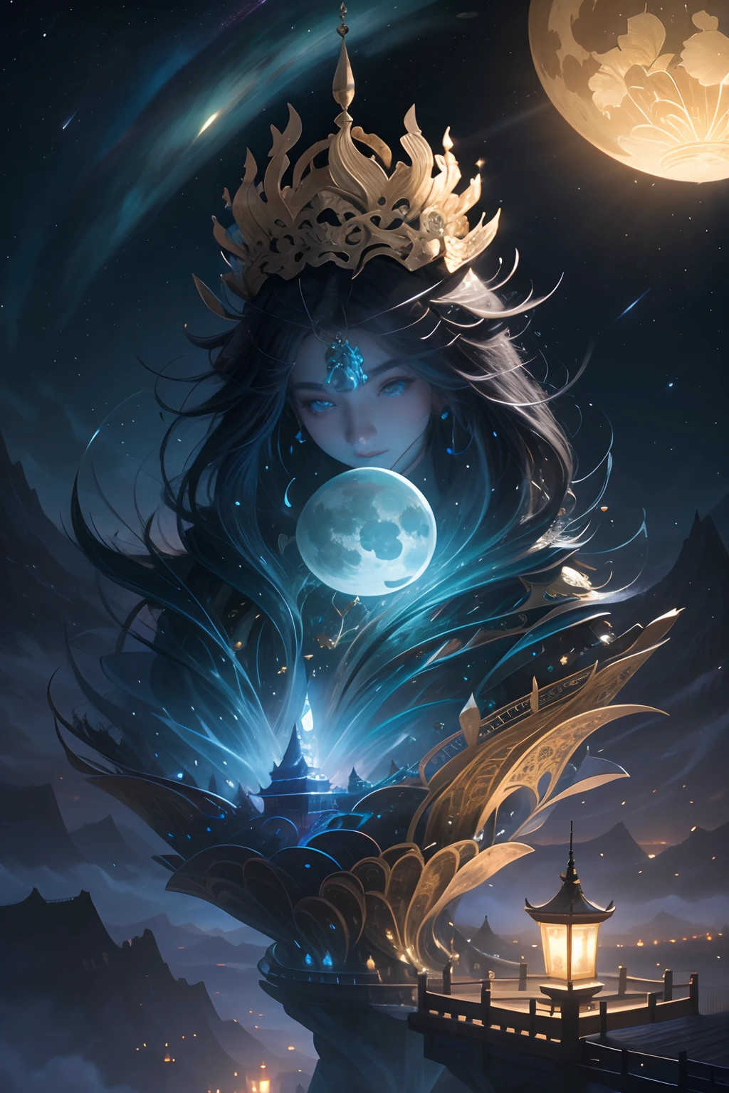 Glowing, Light particles, Magic, Colorful, energy, Unknown terror, Arcane, Around the magic, Magic surrounds, wands, Know it all, Predicting the future, Learn about the past, Infinite wisdom, Blue Flame, Warlock, Magical Circle, pentacle, incantation, mantra, Singing magic, Masterpiece, Best quality, (Masterpiece,Best quality:1.5), bright, starrysky, kosmos, rays of moonlight, Moon, Skysky, opulent, baiyun, yin yang, starlights, meteors, China-style, orient, Light, Mountain and river art, Unified 8k resolution wallpaper, high qulity, Photorealistic, High detail, Fantastic fantasy scene, The details are extremely detailed