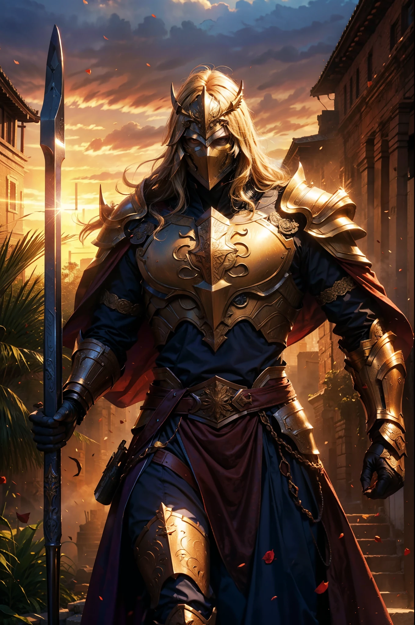 ((Equipped with an oversized and heavy scepter)),Bronze rustic and heavy armor,Extra thick helmet,(The armor has intricate patterns:1.4),blond hairbl,((The mask is smooth)),Wrap the whole body,((Red cape)),((Beautiful royal knights)),Beautiful face,Half-body view,((Pillar of light)),((feater)),(((Rose petals fall:1.4))),frontage,Works of masters,detail in face,super-fine,16K resolution,high qulity,电影灯光,High picture detail,Positive perspective,Detailed pubic hair,Epic shooting,oc rendered,tmasterpiece,best qualtiy,high qulity,k hd,High-quality textures,High-quality shadows,high detal,realisticlying,cinematric light,Sideslit,lens flare glow,Ray traching,Sharp focus,