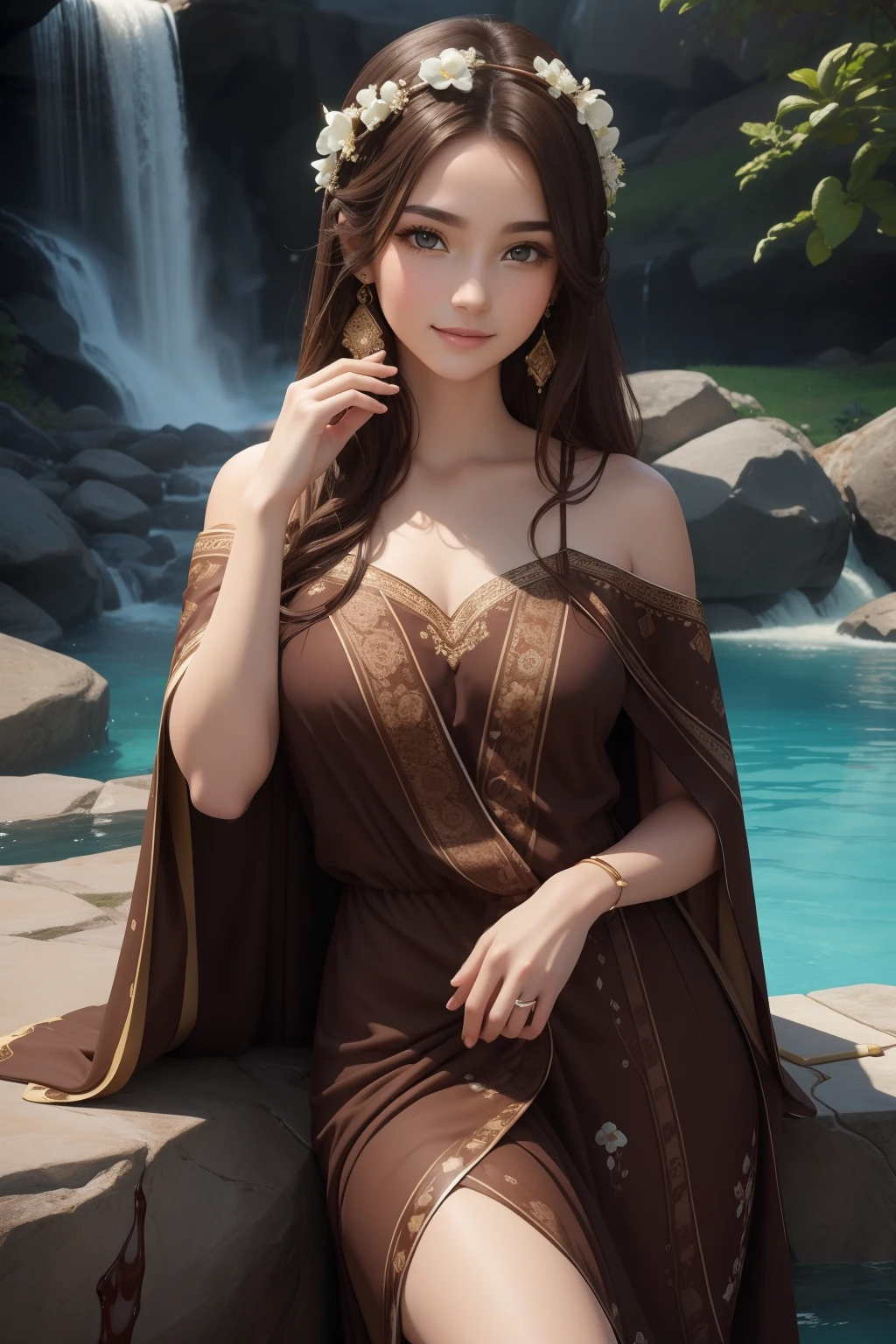 upper body, oil painting, masterpiece, best quality, highres, long brown hair, jewelry hairpin, large breast,riverside and rock or temple or bridge, extremely clothes, sitting, (song Dynasty, song clothing:1.2),