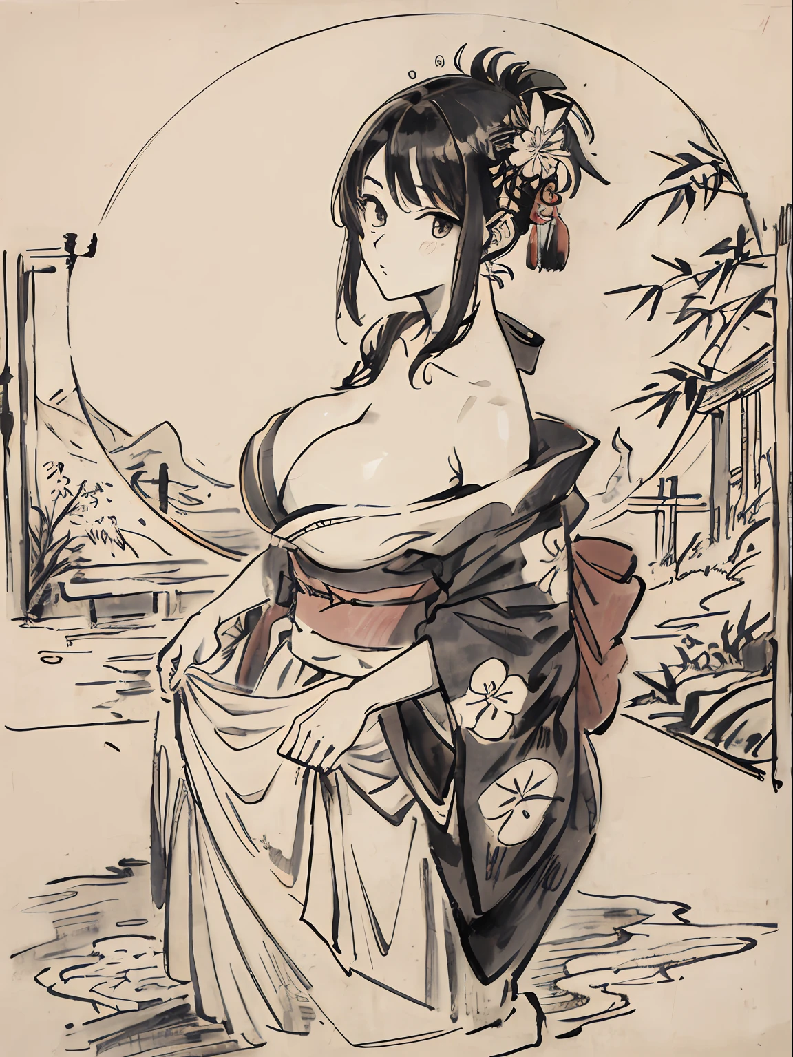 He even drew the texture of Japanese paper and made black and white woodblock prints in ink. In the early Showa period, she was about 32 years old, and she was a woman with no strong self-esteem in a kimono and kappo kimono, big breast, Onsen. Radishes are being cut in the old kitchen. You can also see the bamboo pole.