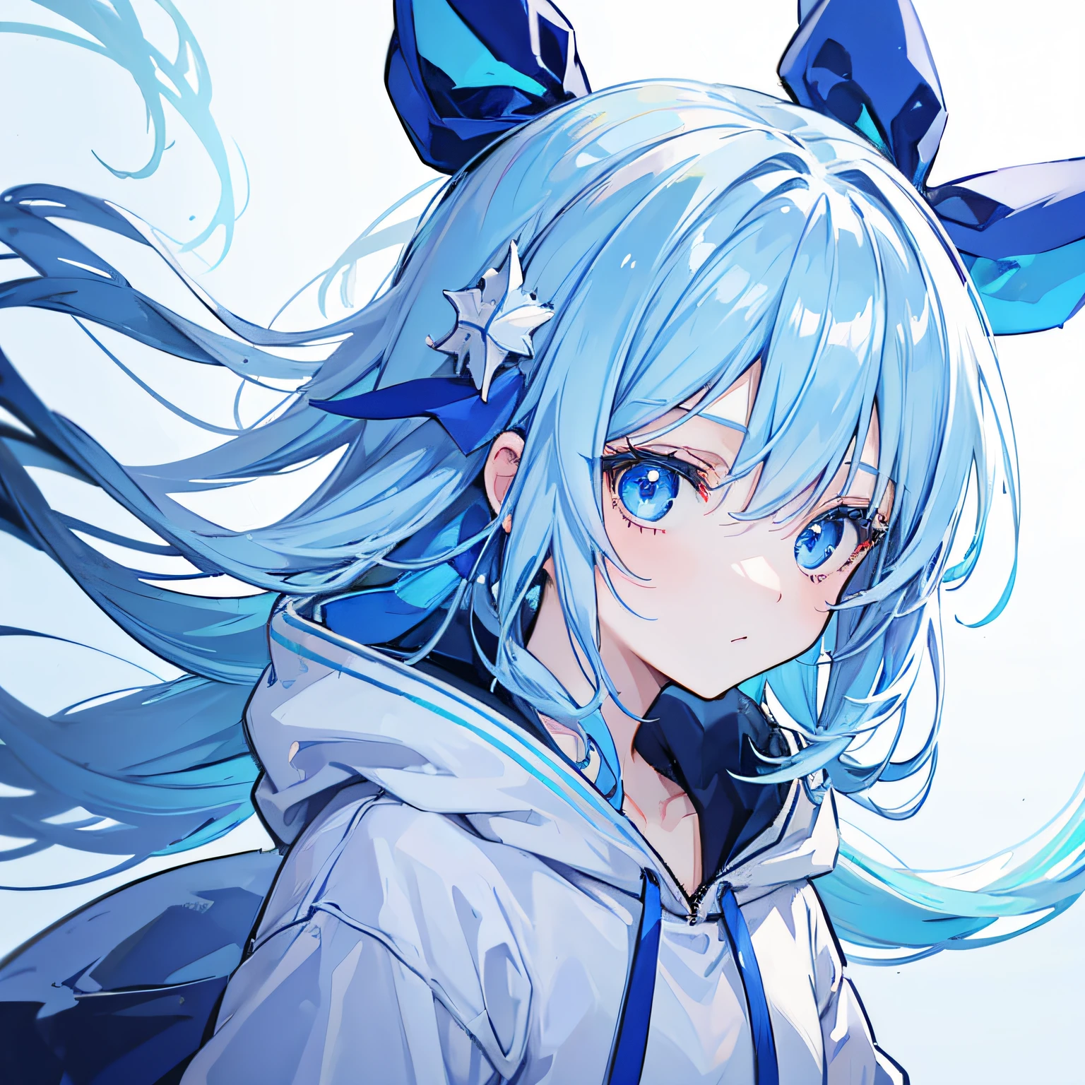 1girl,light blue hair,blue eyes,hair ribbon,blue hoodie,winter,looking at viewer,profile picture